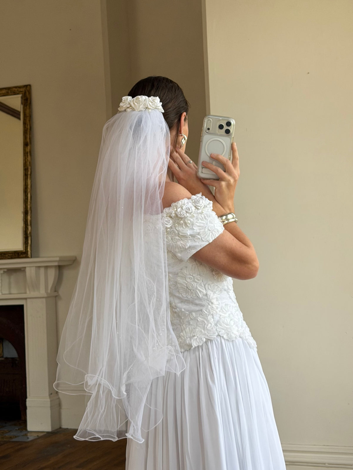 Vintage 80s 3D Floral Off Shoulder Bridal Gown and Veil