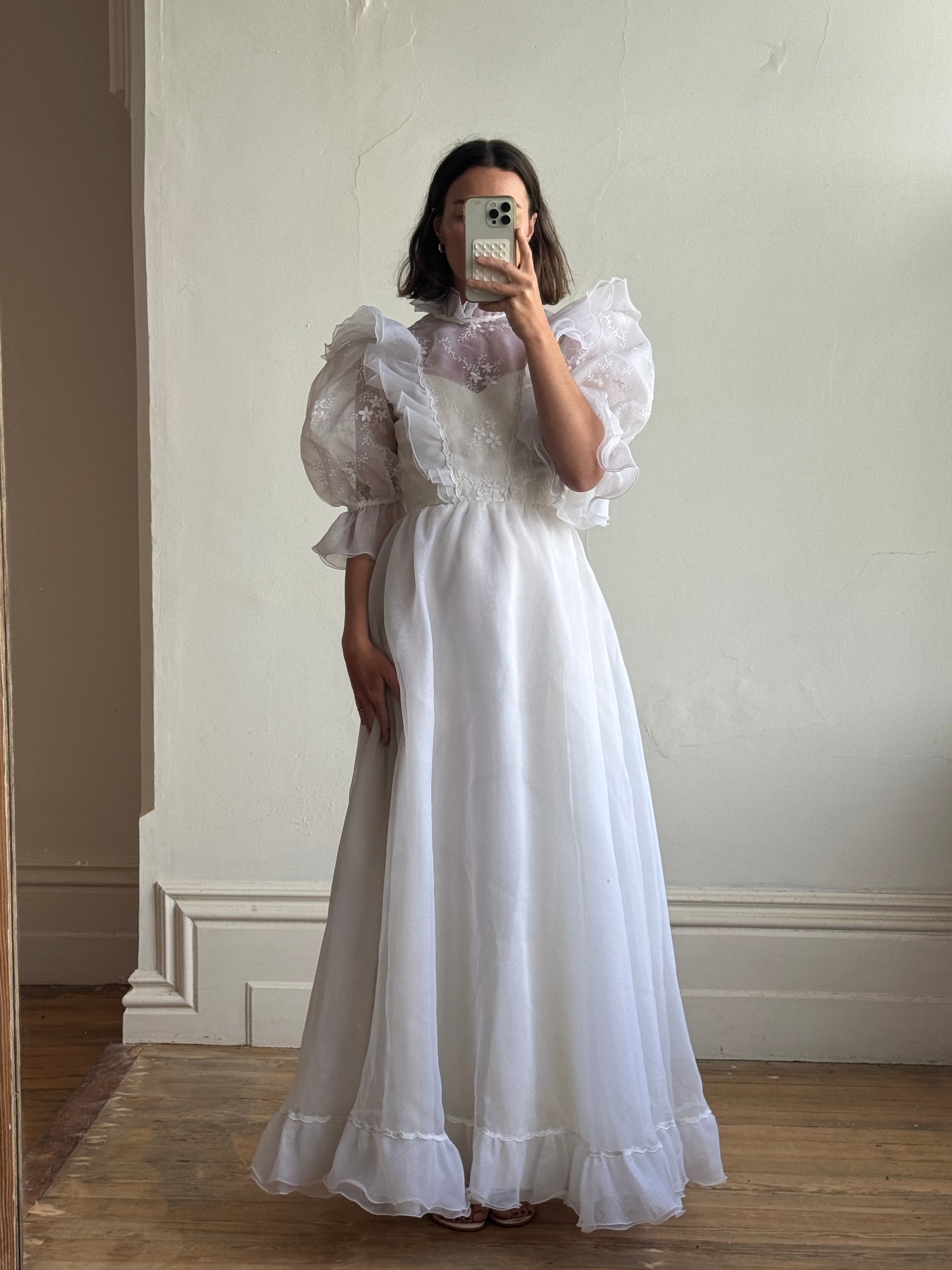 Vintage 80s Ruffled Sheer Organza Wedding Dress