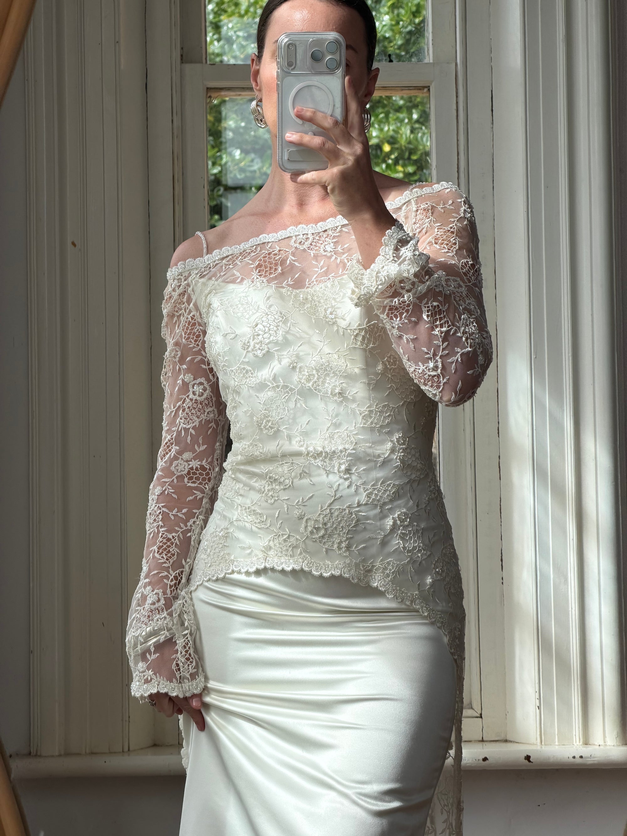 Vintage 90s Italian Beaded Lace and Satin Wedding Gown