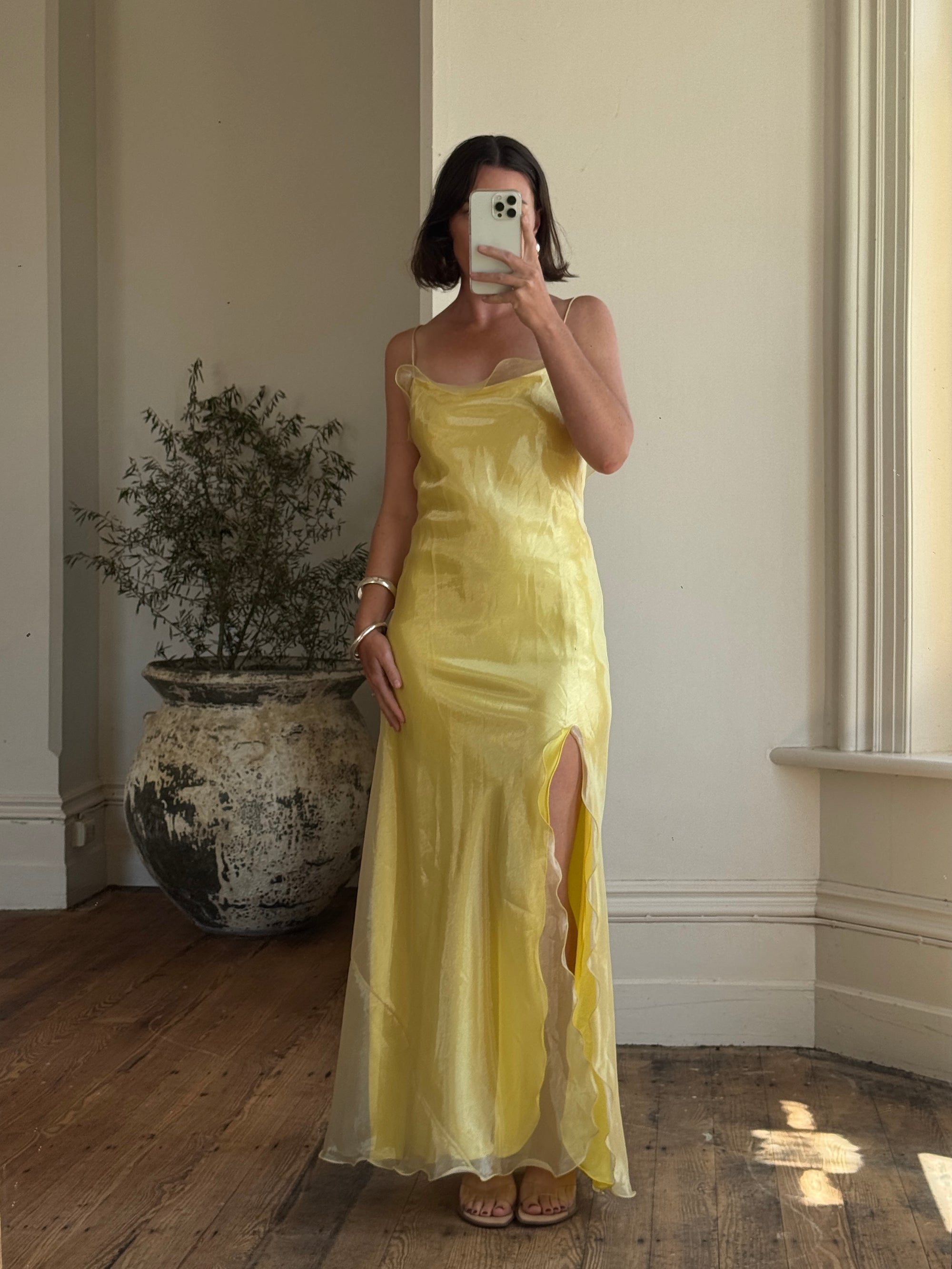 Vintage 90s Organza Yellow Ruffle Prom Slip Dress