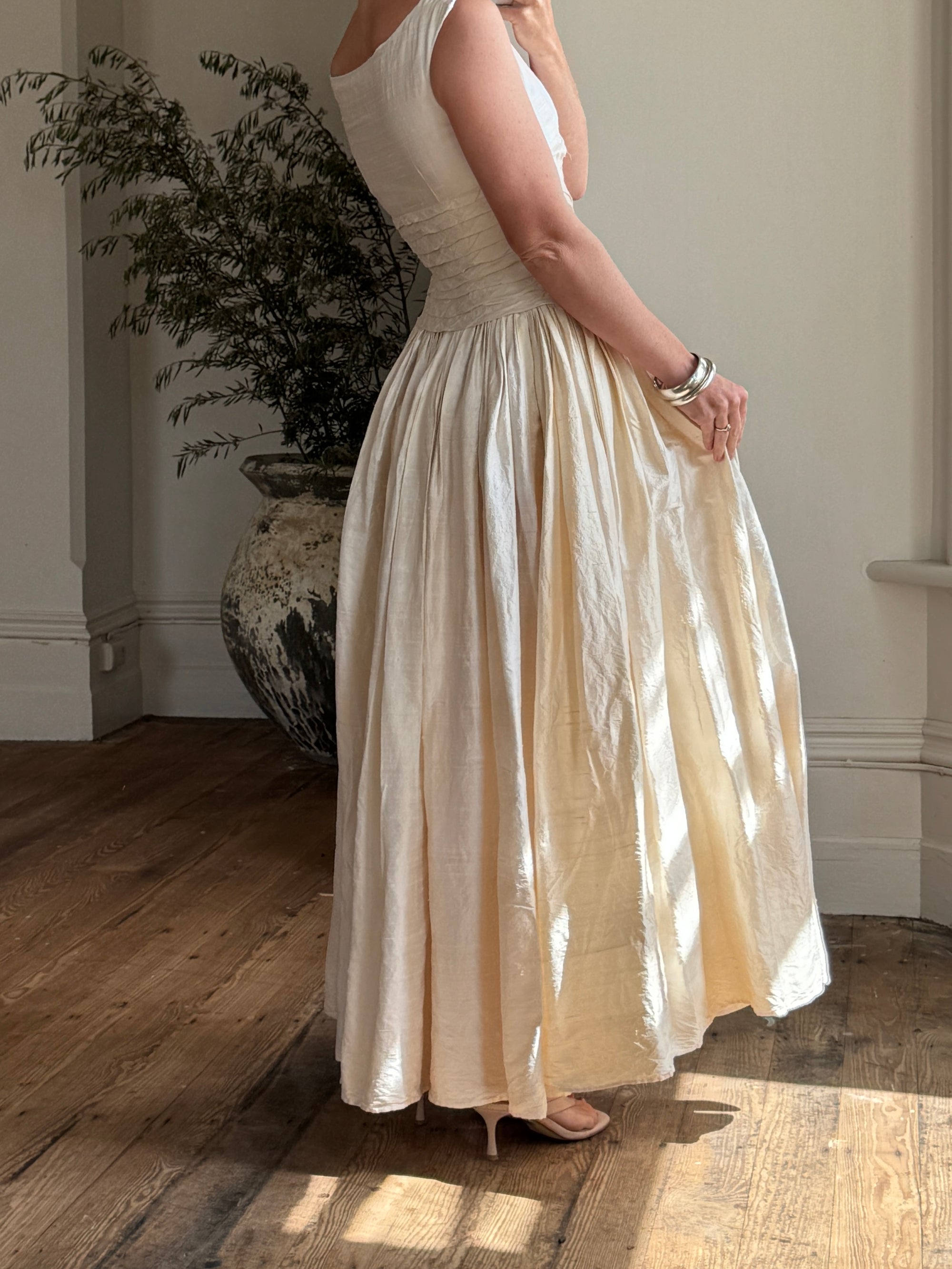 Vintage 90s Pure Silk Pleated Waist Wedding Dress