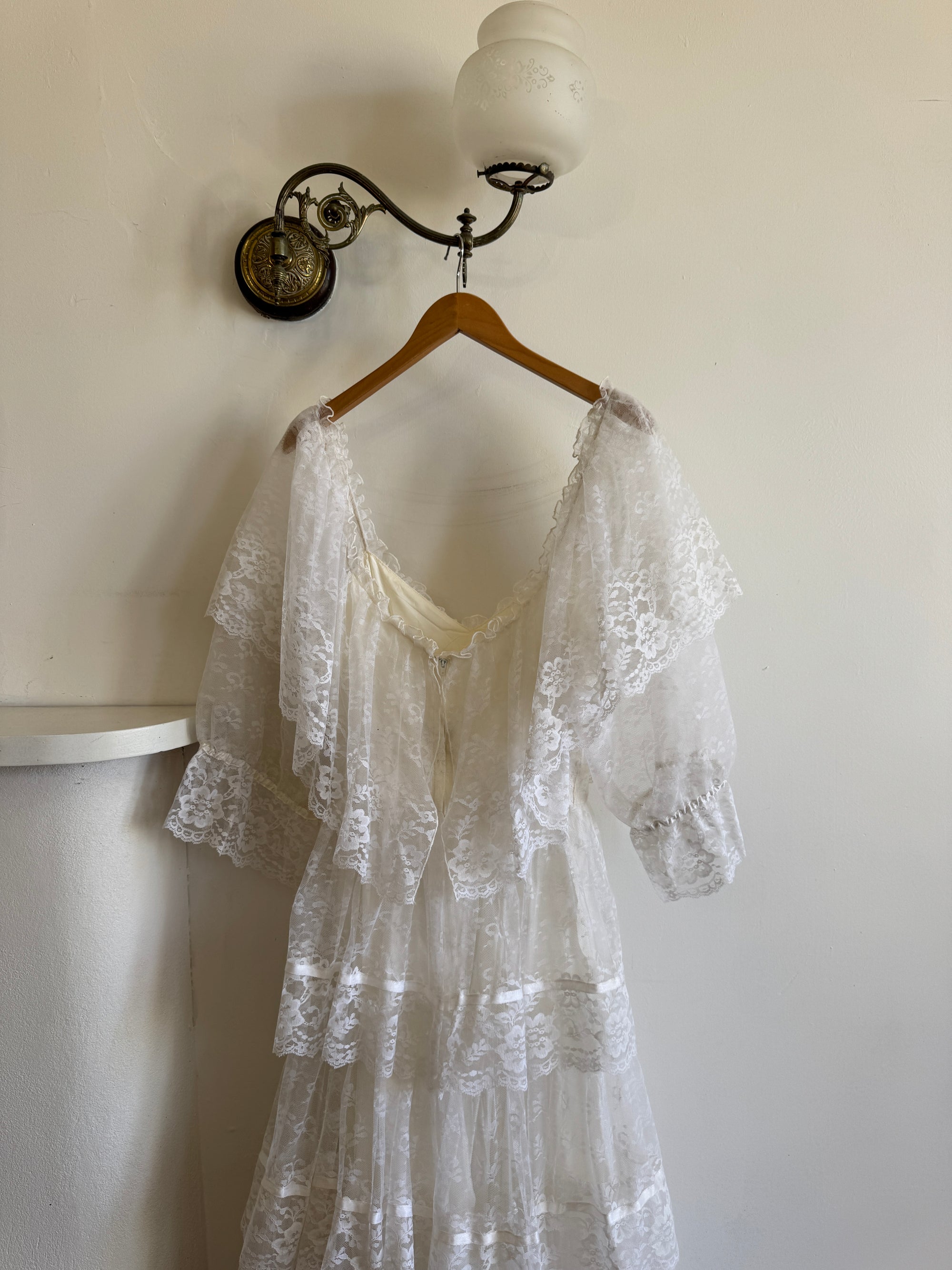 Vintage 70s Tiered Lace Ruffle Wedding Gown