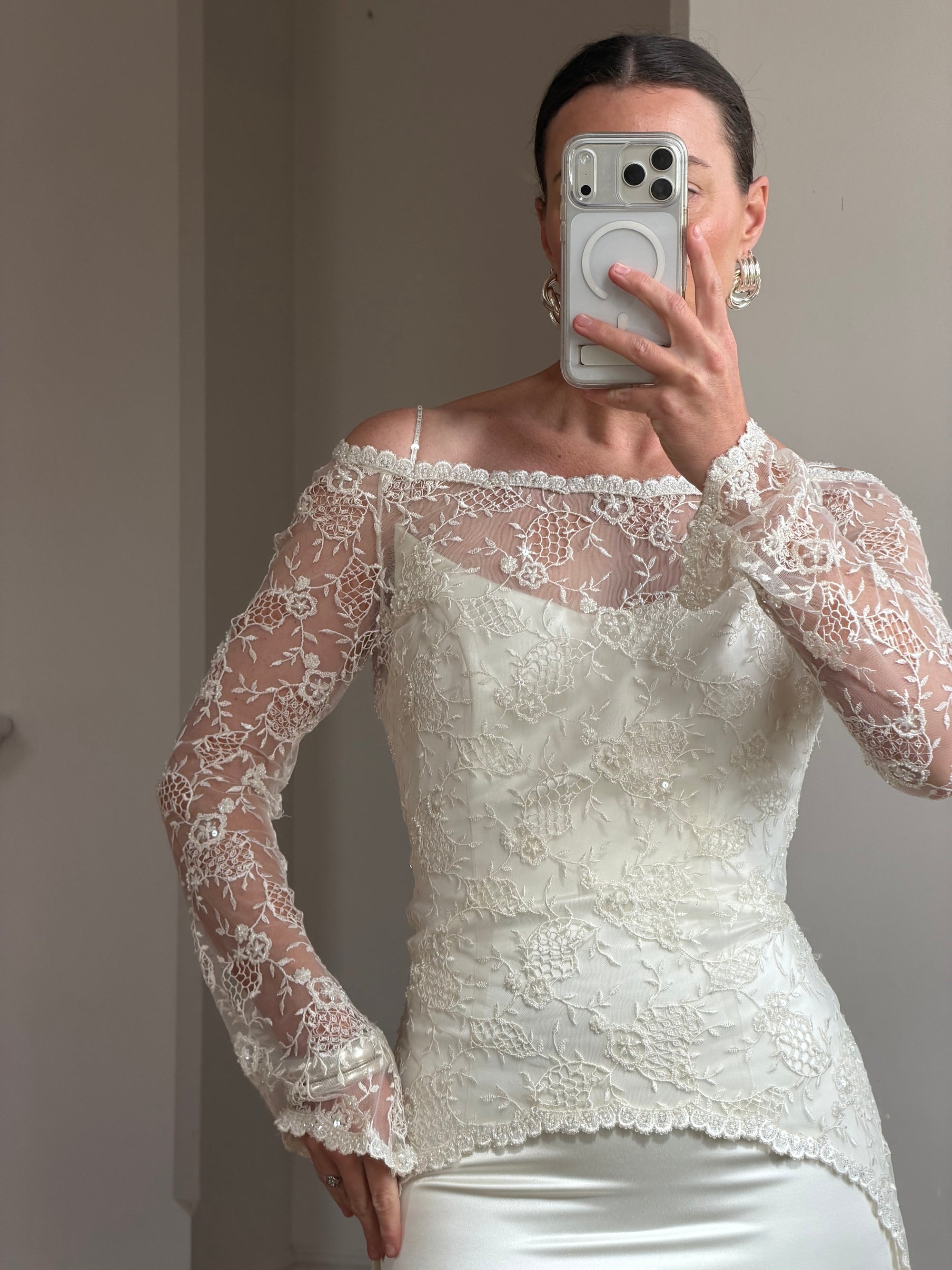 Vintage 90s Italian Beaded Lace and Satin Wedding Gown