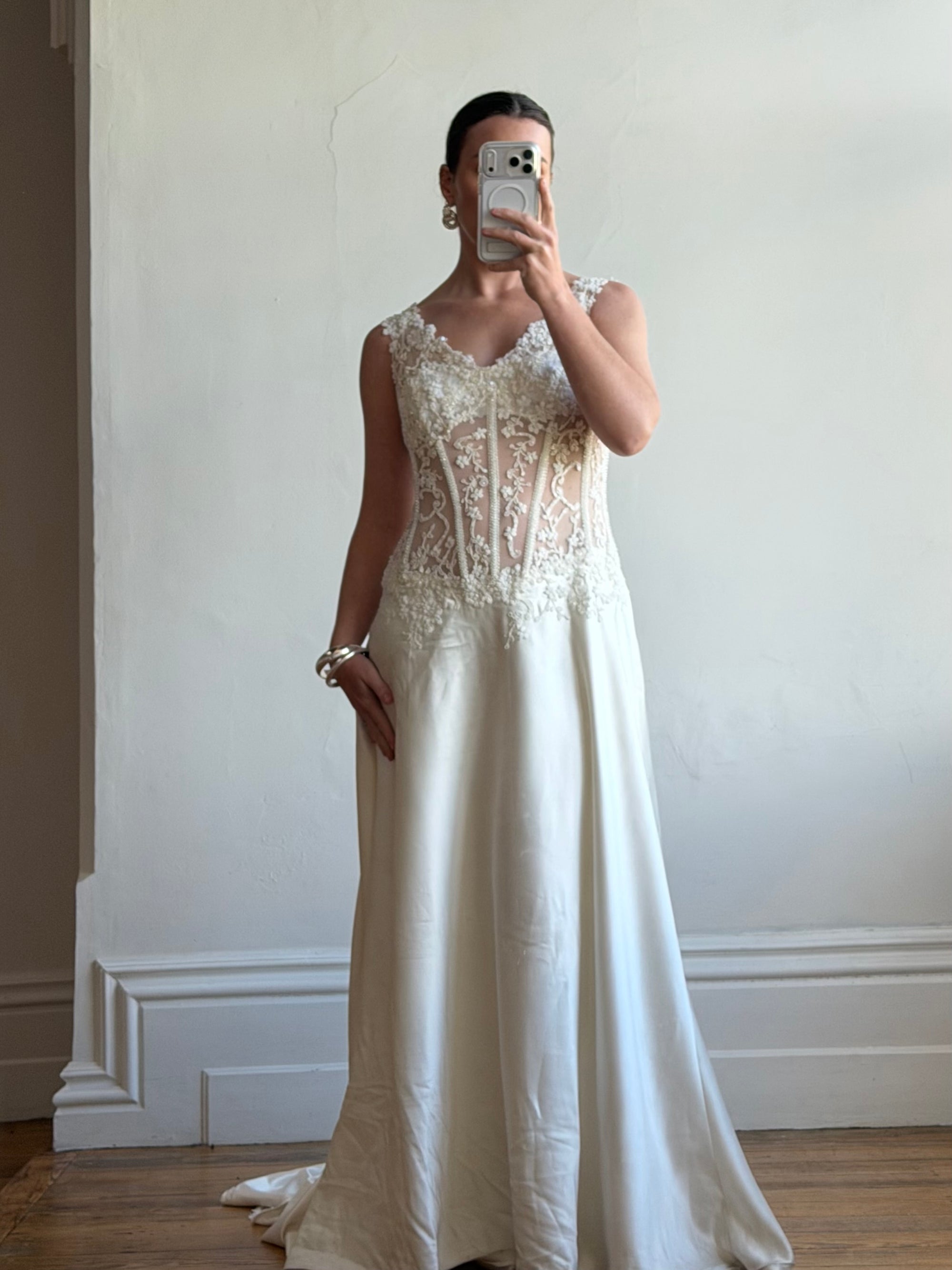 Vintage 90s Italian Naked Embroidered Satin Wedding Dress