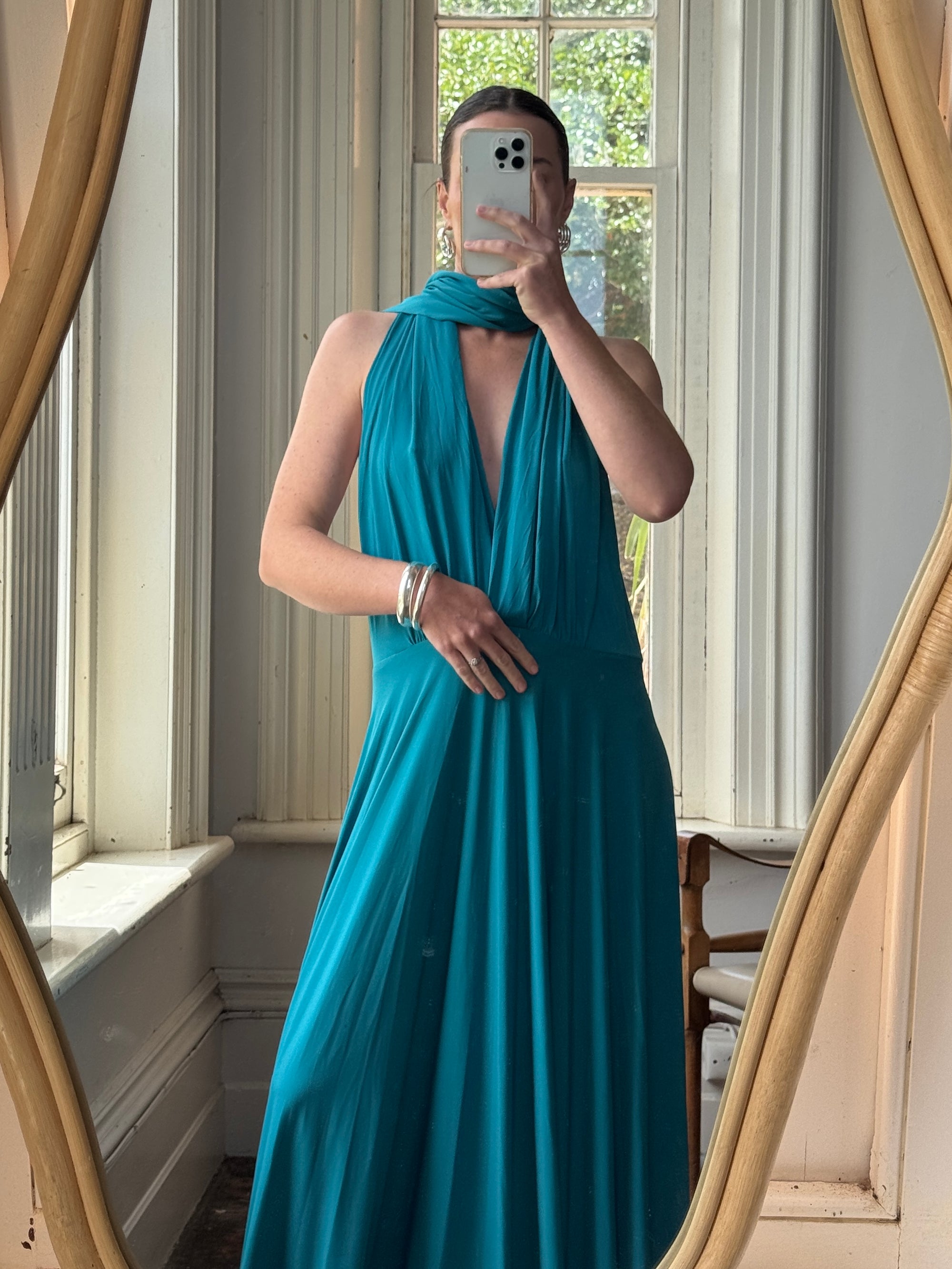 Vintage Y2K Plunging Jersey Multiwear Maxi Dress Teal