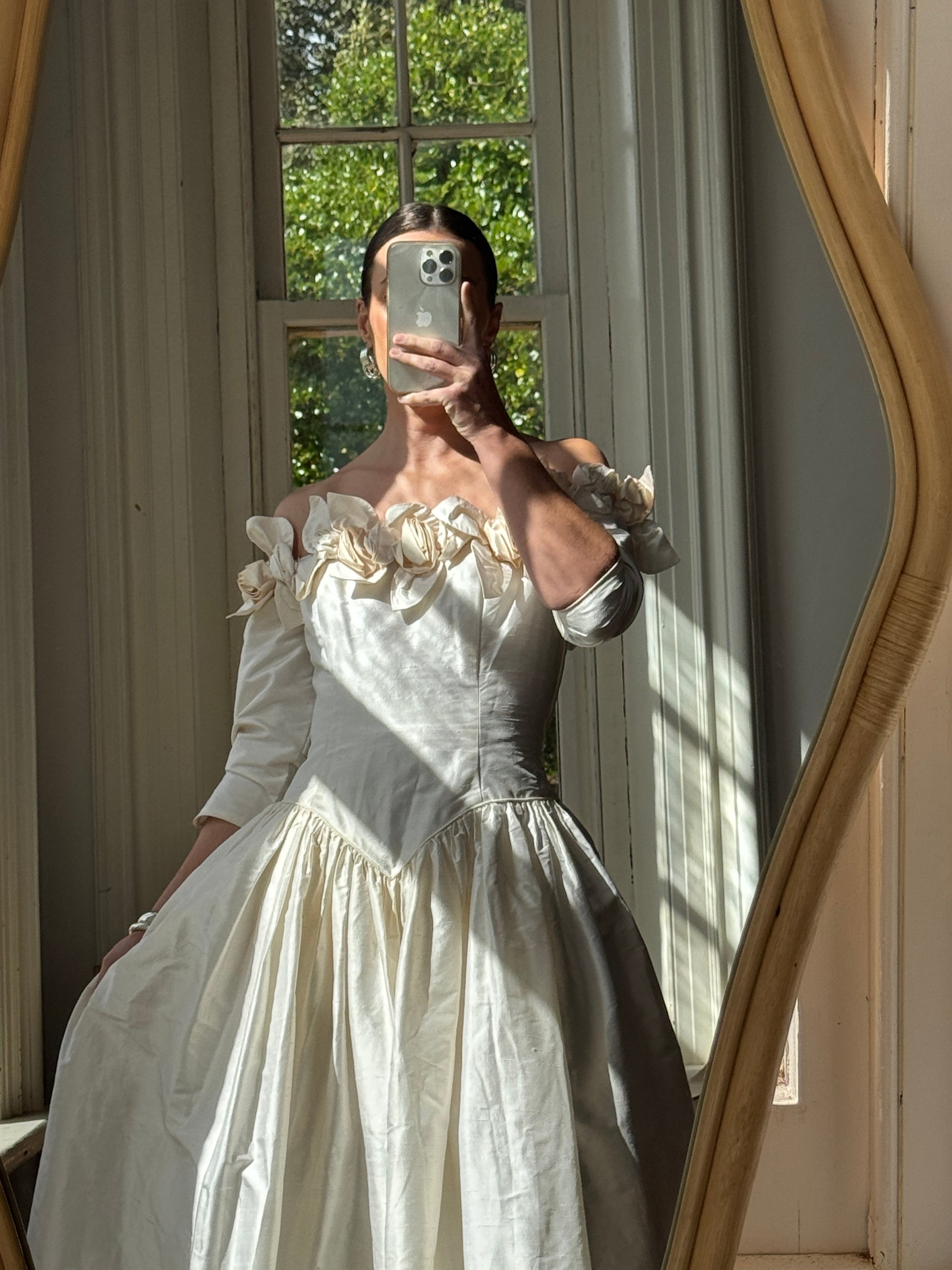 Vintage 80s Pure Silk Rosette Off Shoulder Gown