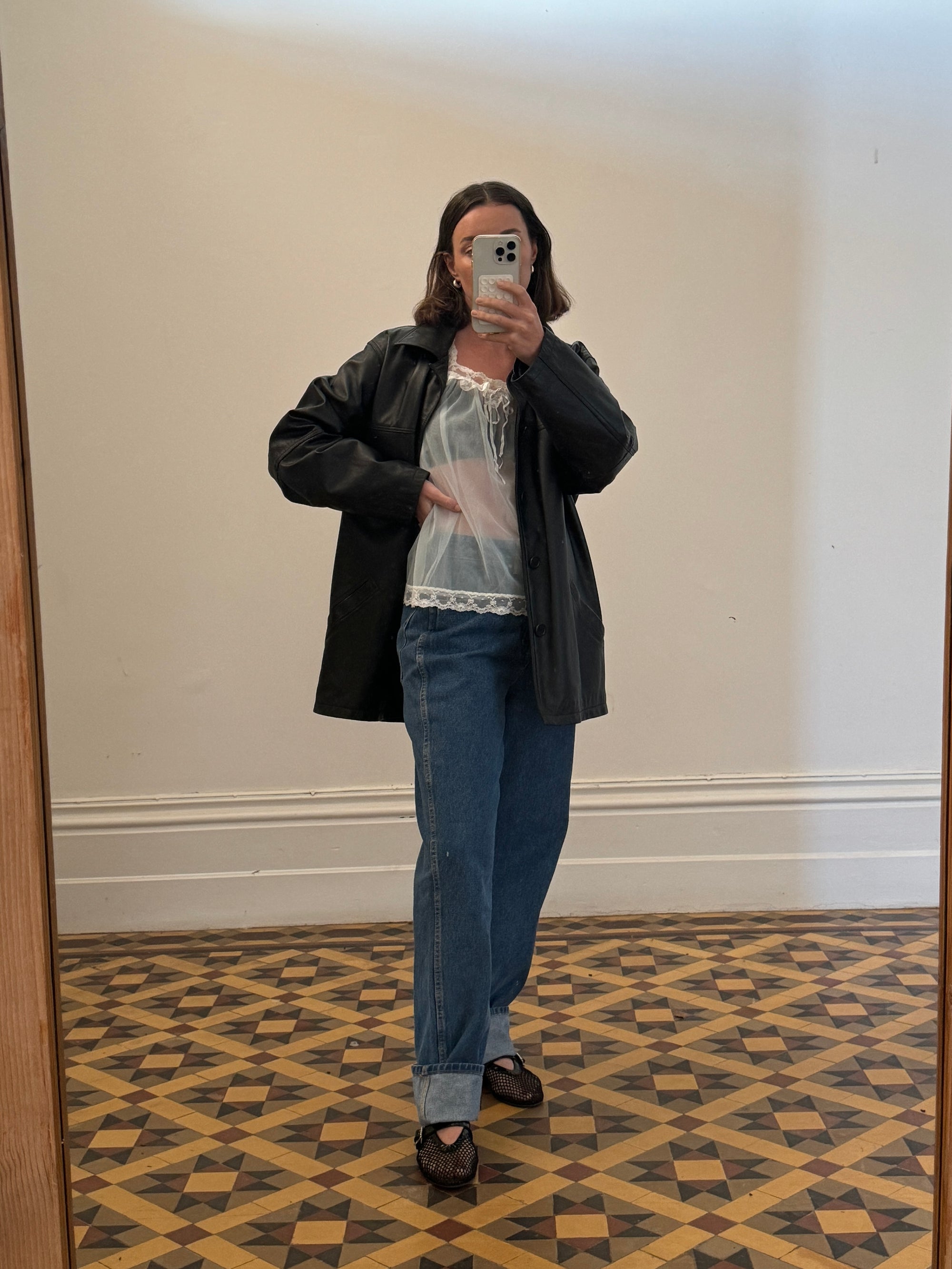 Vintage 90s Leather Short Trench Black