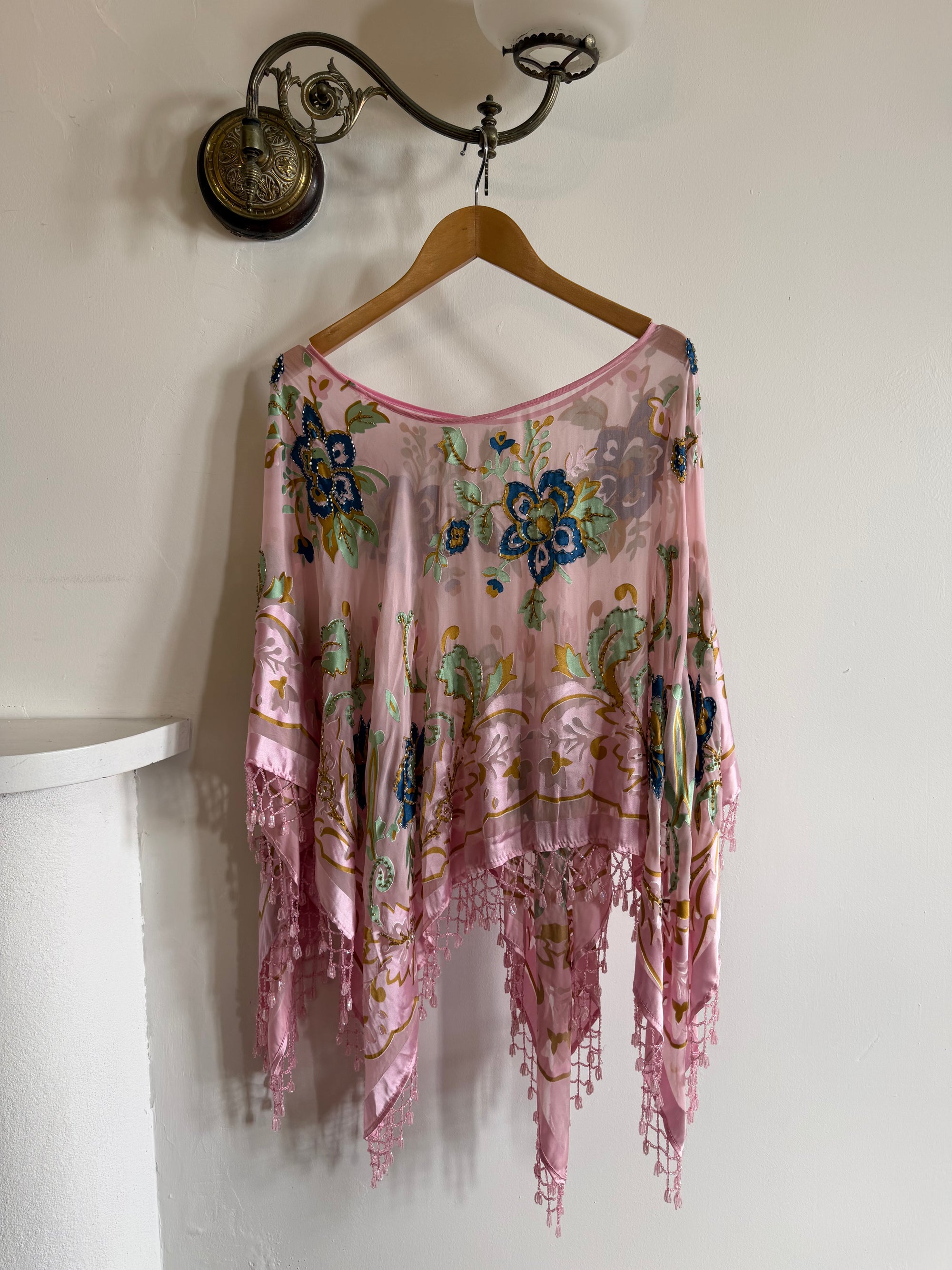 Vintage 90s Pink Floral Beaded Fringe Poncho