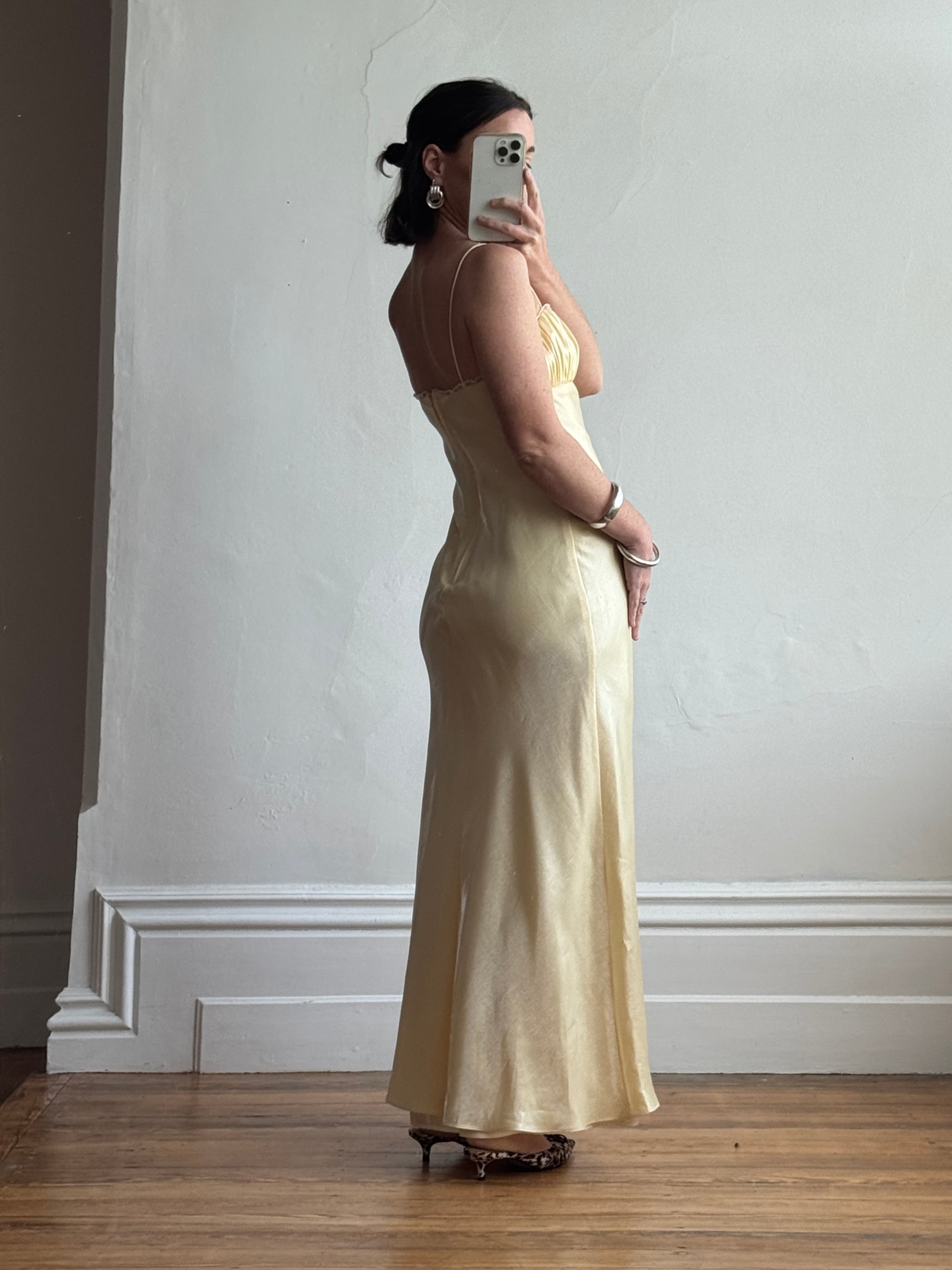 Vintage 90s Butter Yellow Organza Bias Slip Dress