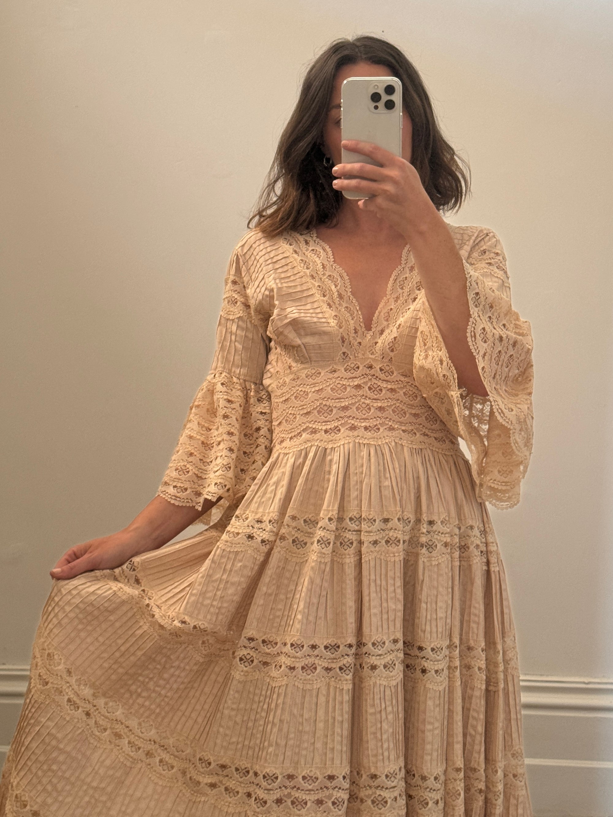 Vintage Pleated Lace Crème Rose Midi