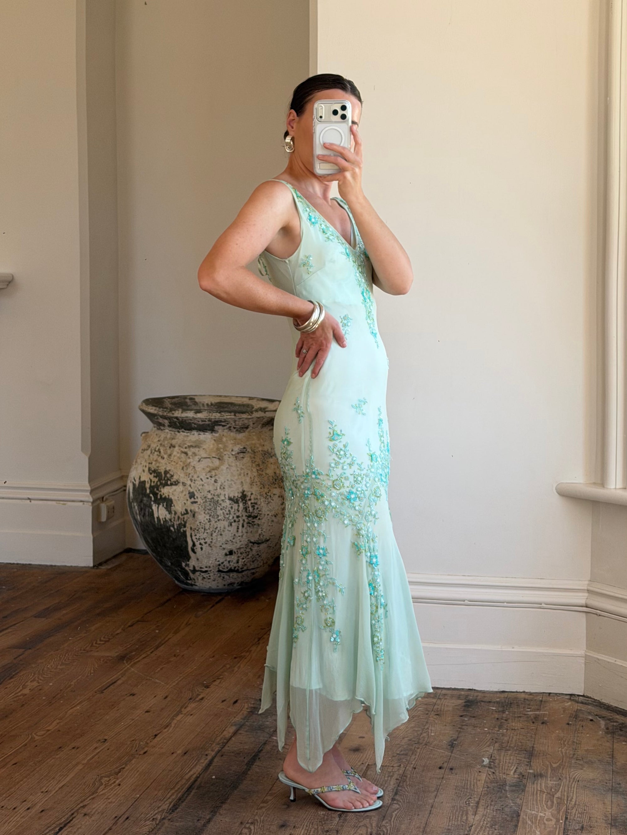 Vintage 90s Pure Silk Aquamarine Fairy Beaded Dress