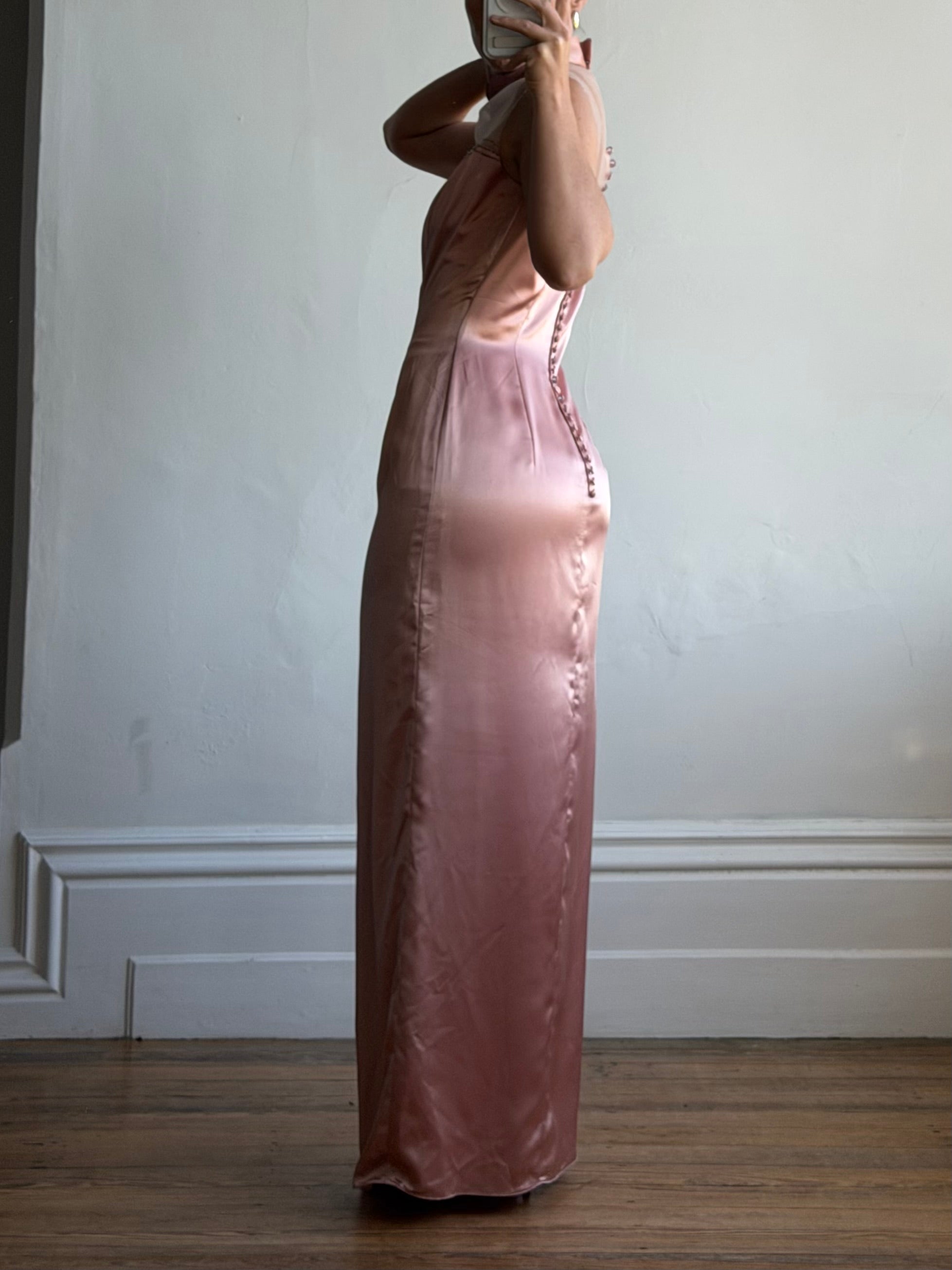 Vintage 90s Dusty Rose Satin High Neck Dress