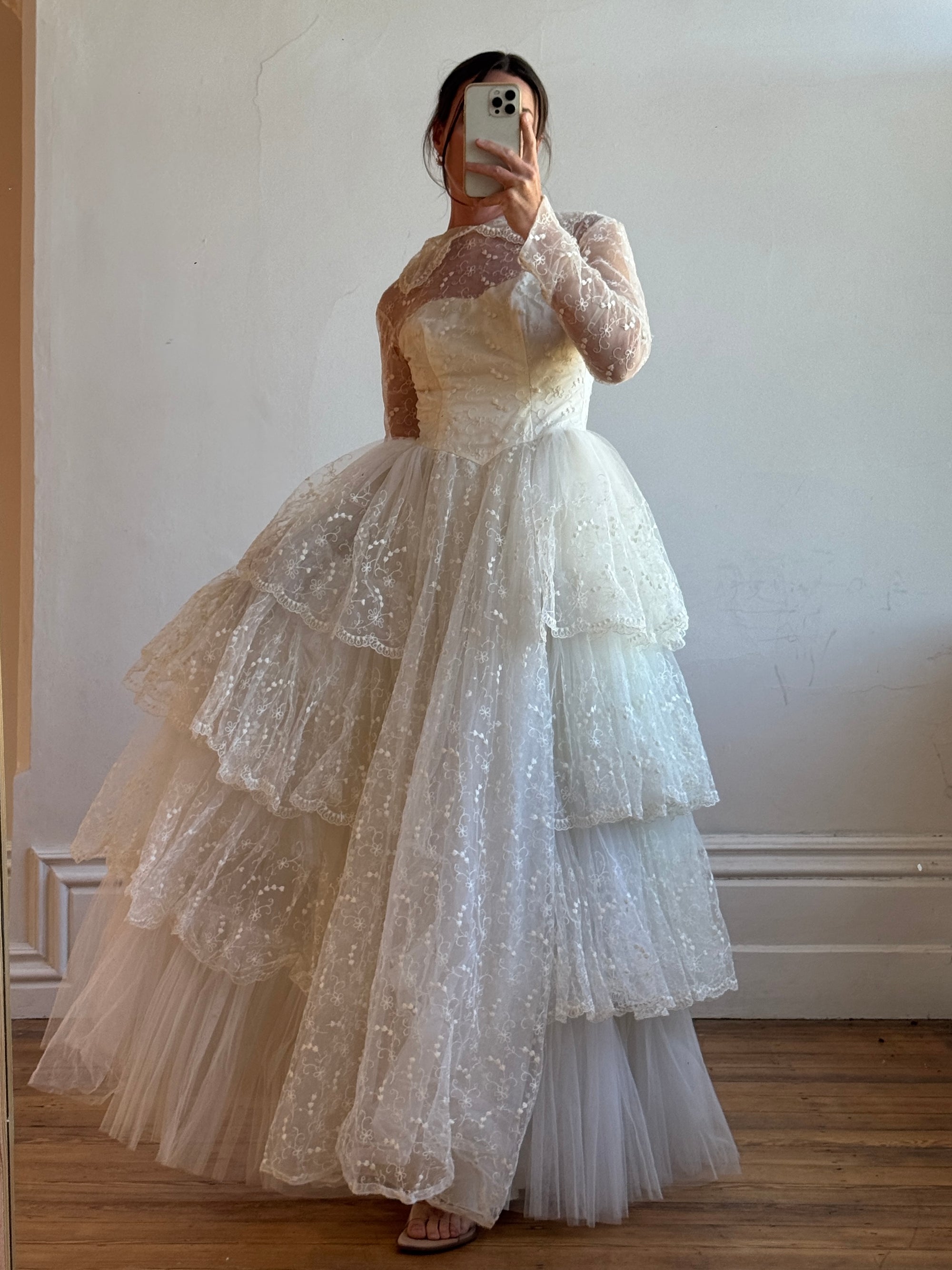 Vintage 70s Tiered Lace and Tulle Long Sleeved Wedding Gown