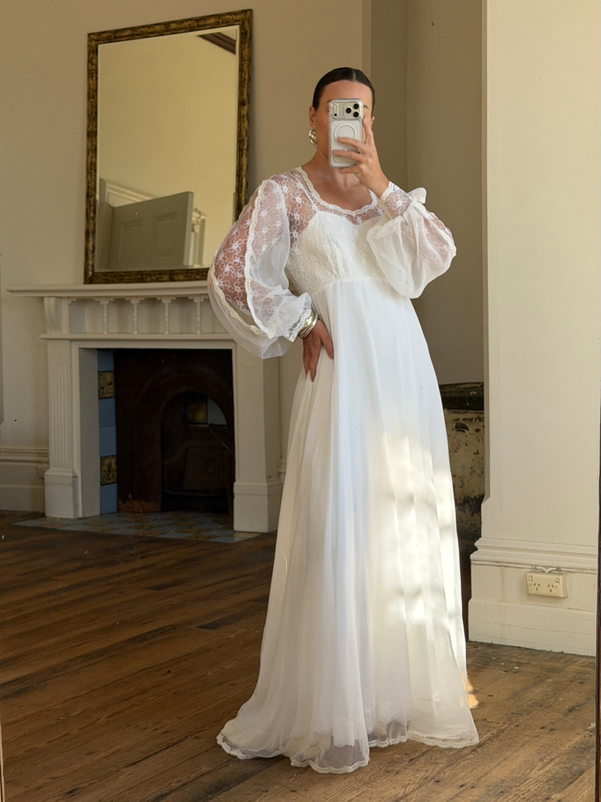 Vintage 60s Poet Sleeve Chiffon Wedding Gown