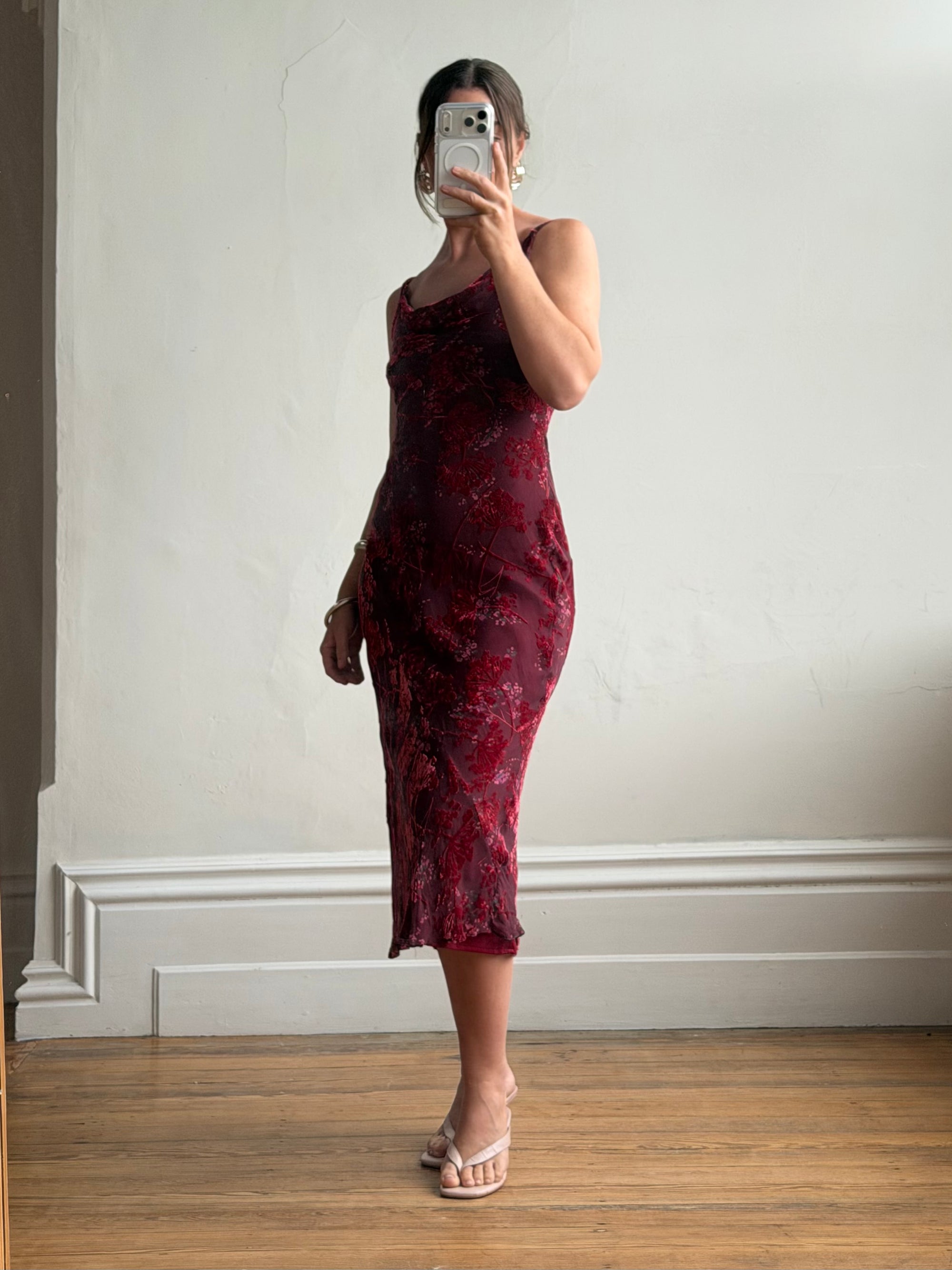 Vintage 90s Burnt Velvet Cowl Neck Dress Plum