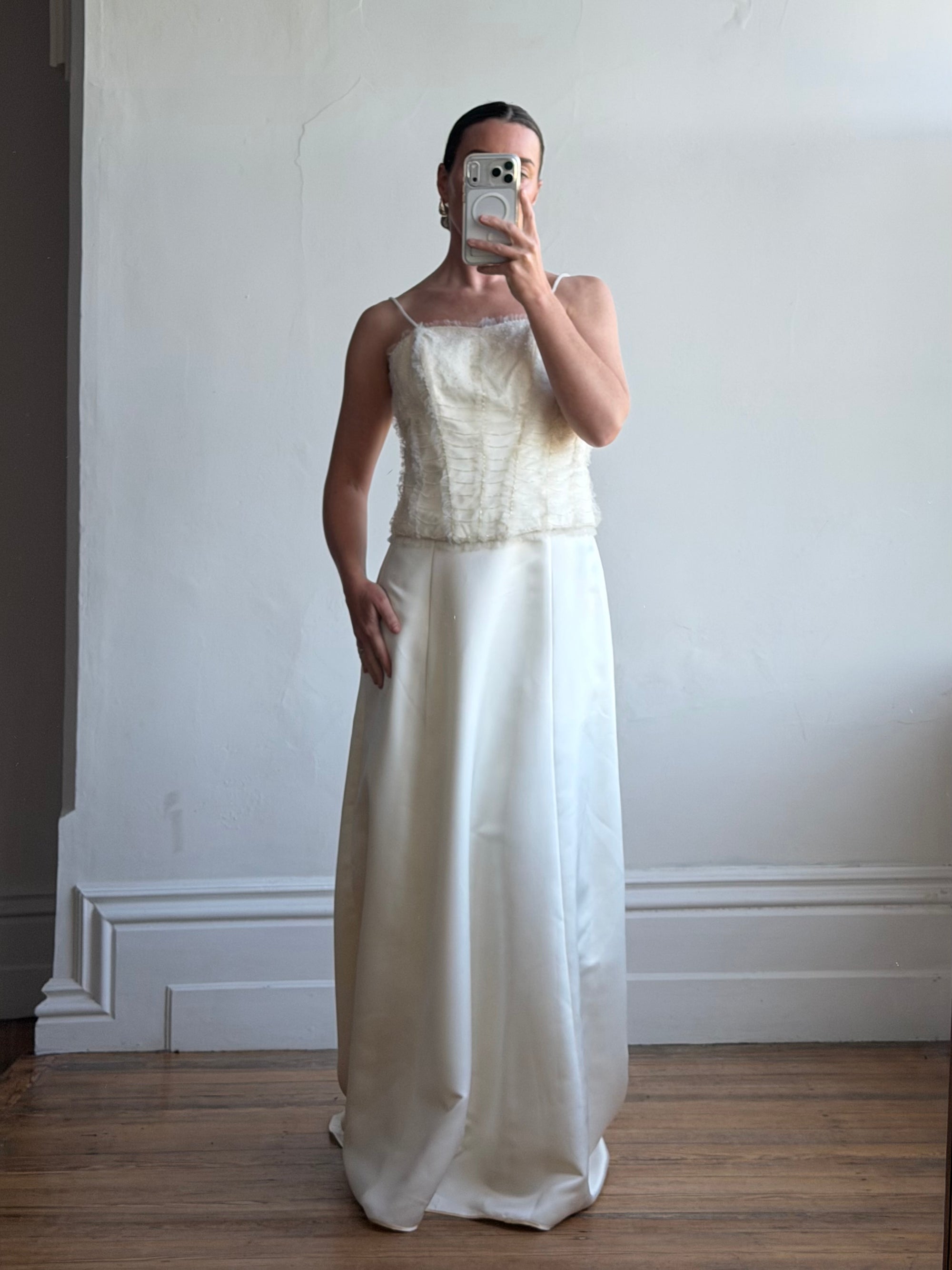 Vintage 90s Italian Bridal Fairy Tulle Embroidered Bustier and Satin Skirt
