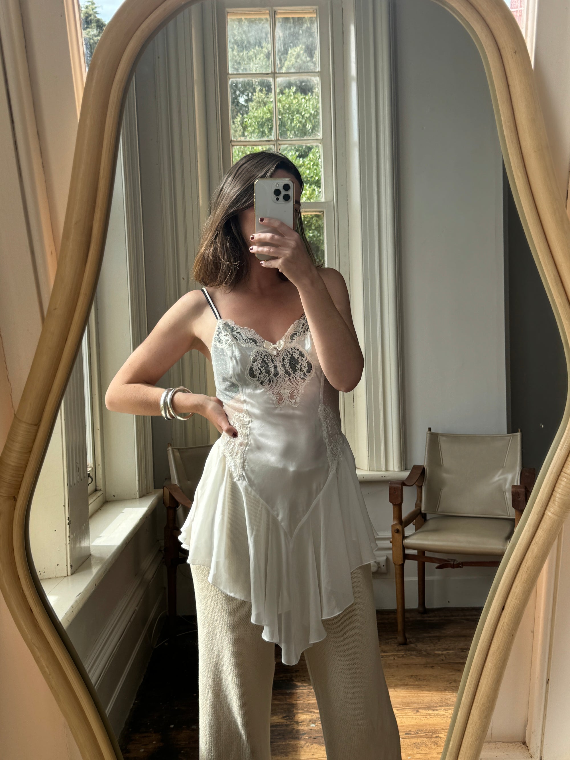 Vintage Asymmetrical Lace Panelled Satin Slip Mini White