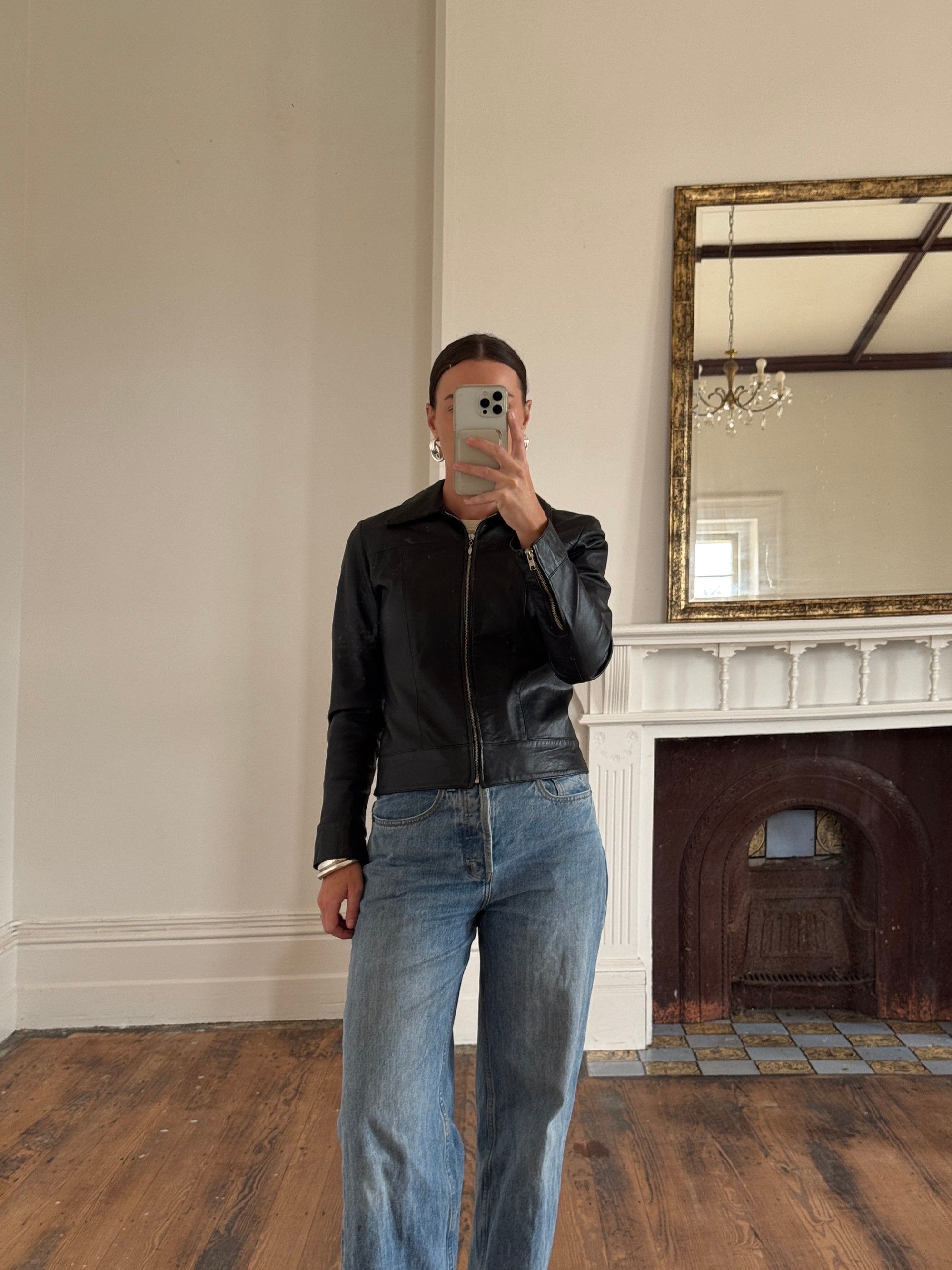 Vintage 90s Cropped Zip Front Leather Jacket