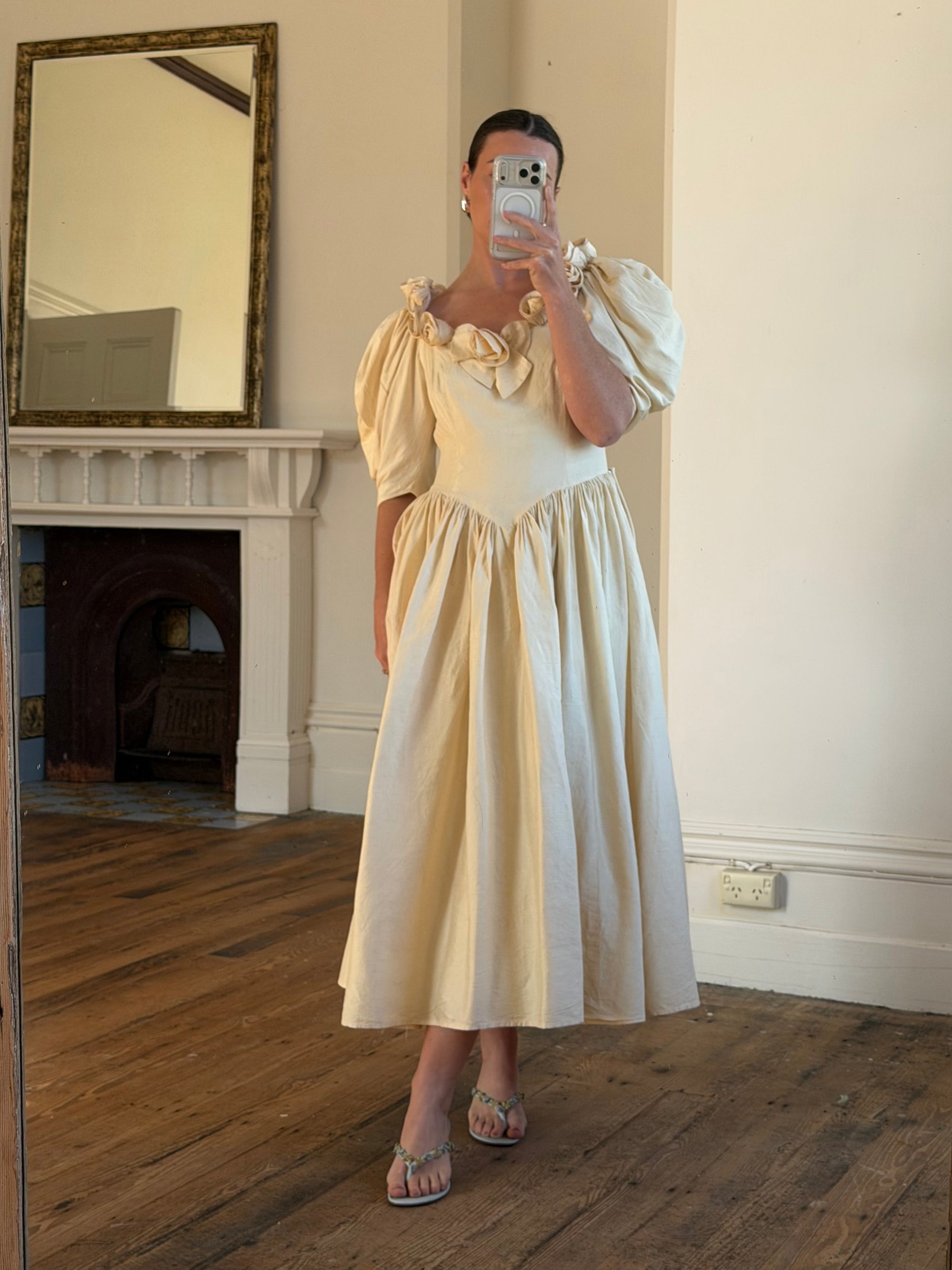 Vintage 90s Silk Dupion Rosette Bridal Midi Gown
