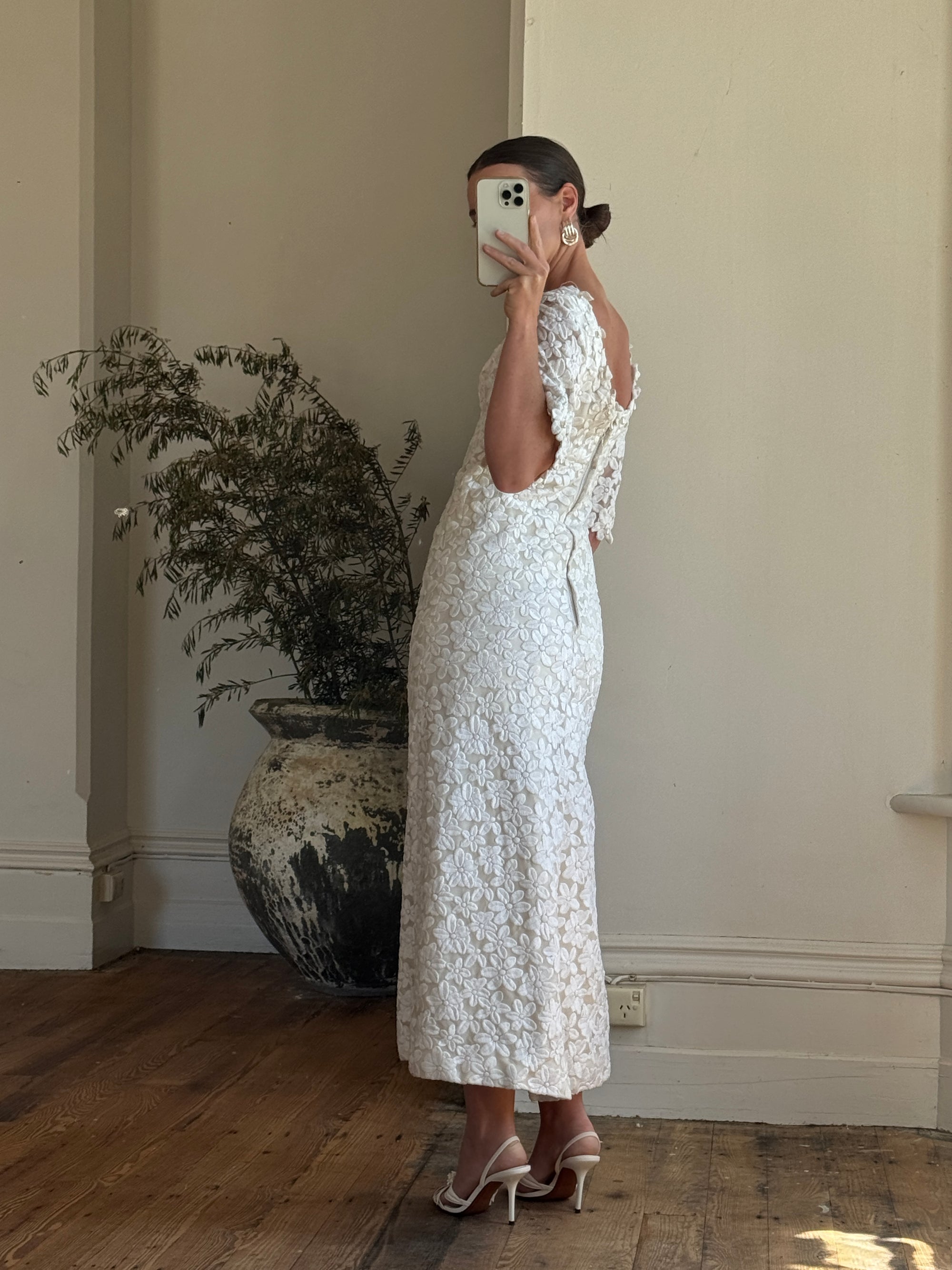 Vintage 60s Embroidered Floral Bridal Midi