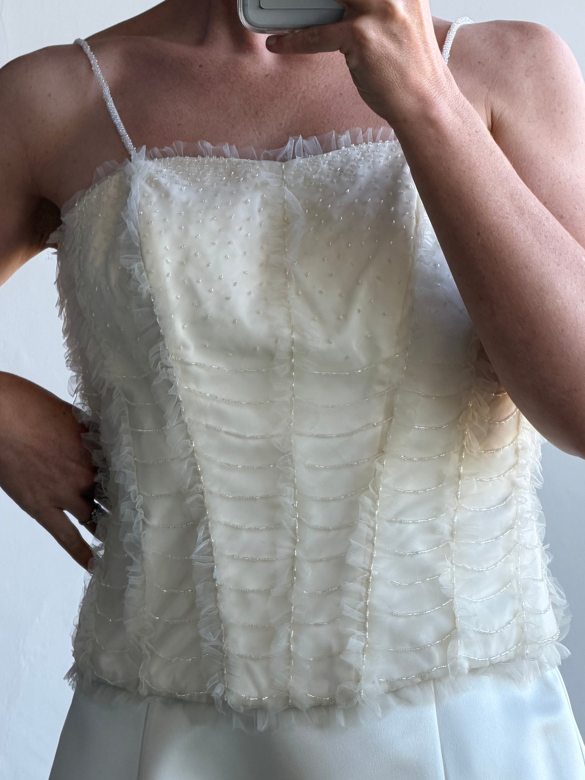 Vintage 90s Italian Bridal Fairy Tulle Embroidered Bustier and Satin Skirt