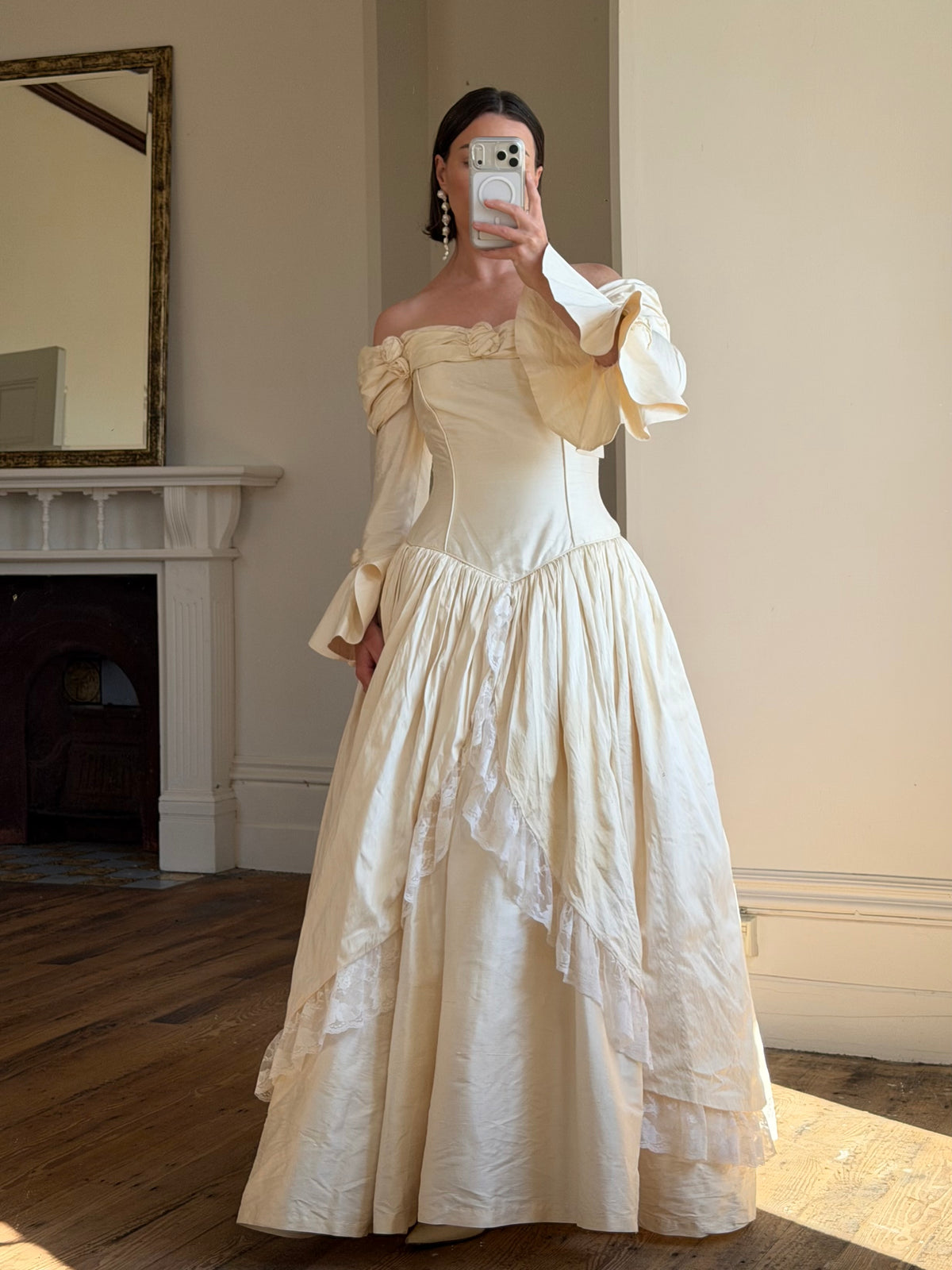 Vintage 90s Silk Dupion Off Shoulder Rosette Bridal Ballgown