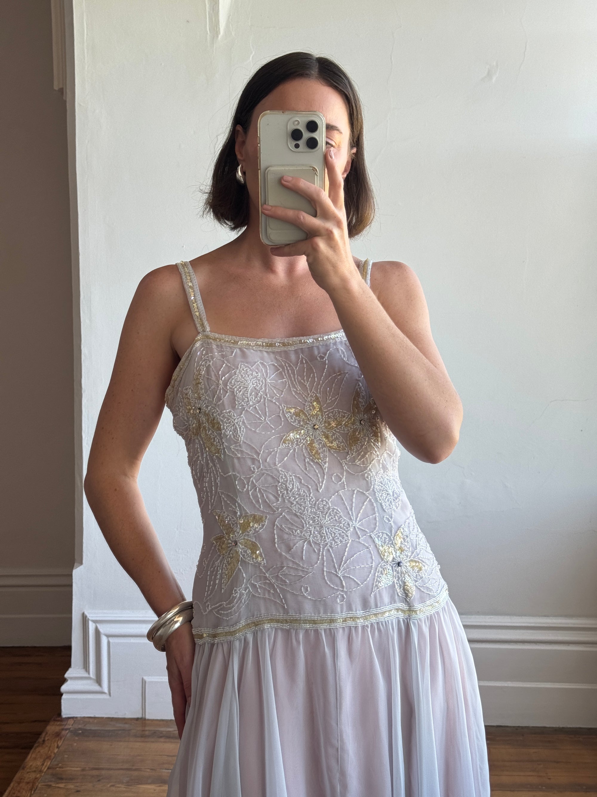 Vintage 70s Drop Waist Beaded Dress Sunrise Lilac