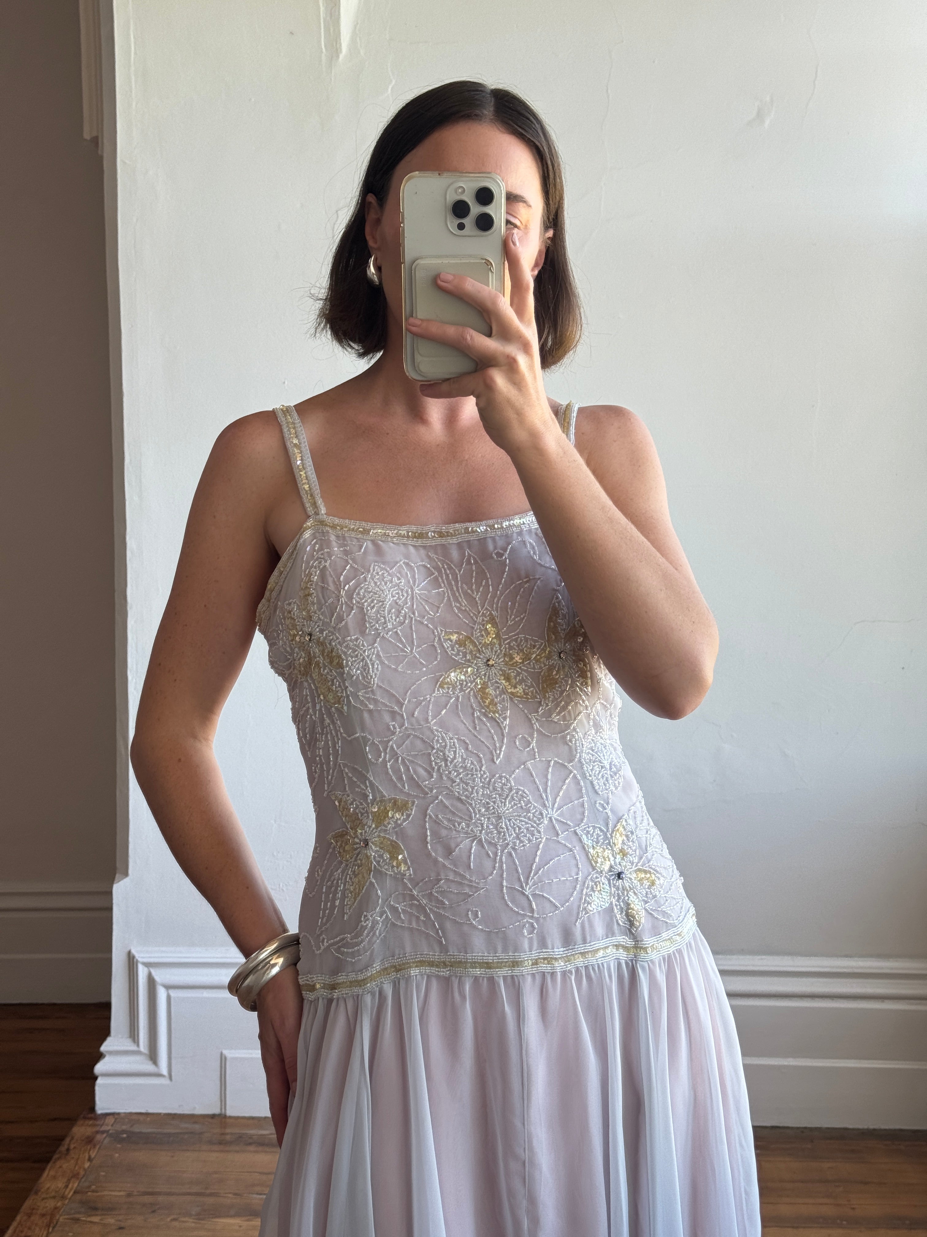 Vintage 70s Drop Waist Beaded Dress Sunrise Lilac