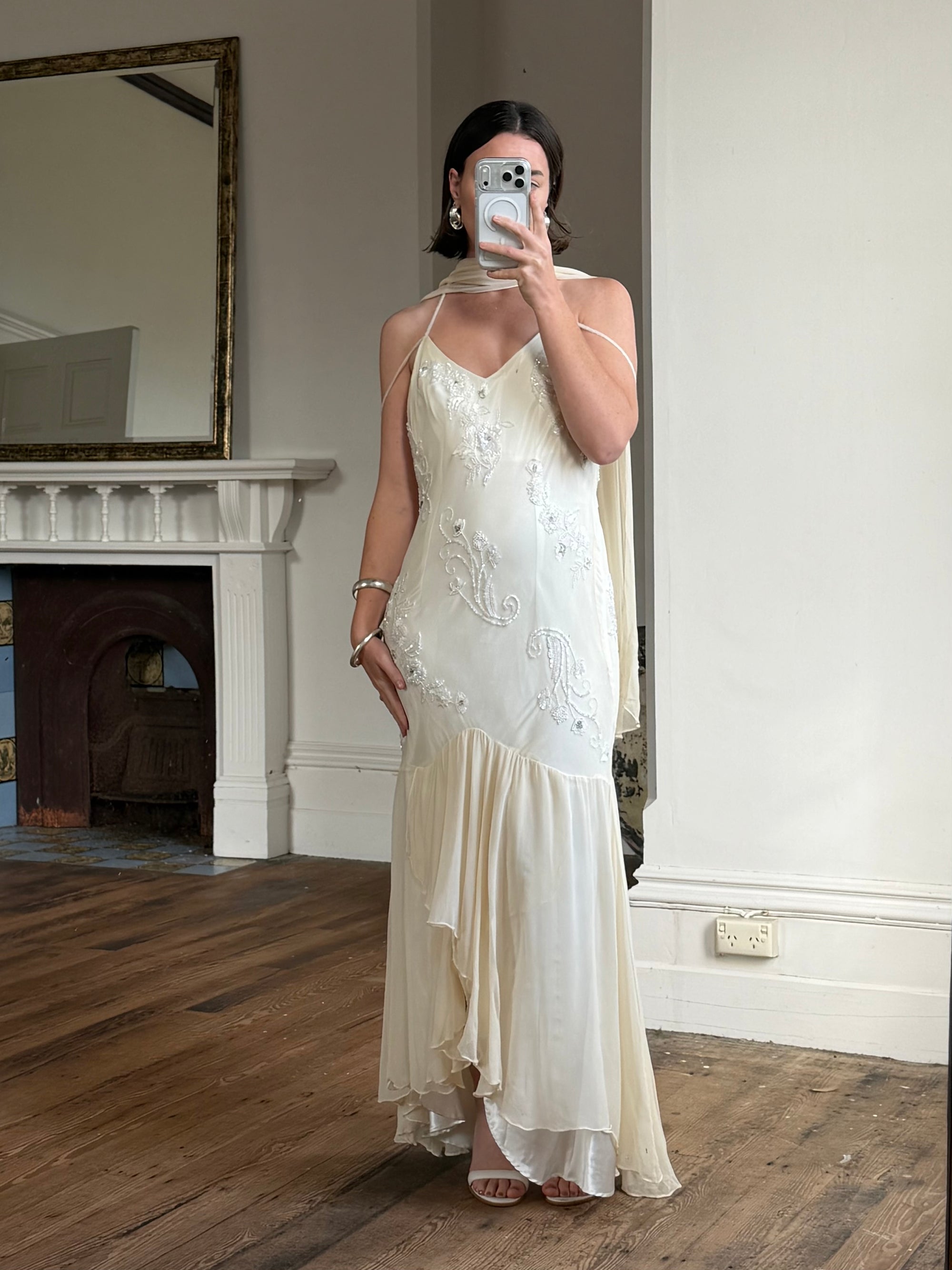 Vintage 90s Pure Silk Embellished Midi Dress With Scarf Creme