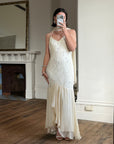 Vintage 90s Pure Silk Embellished Midi Dress With Scarf Creme