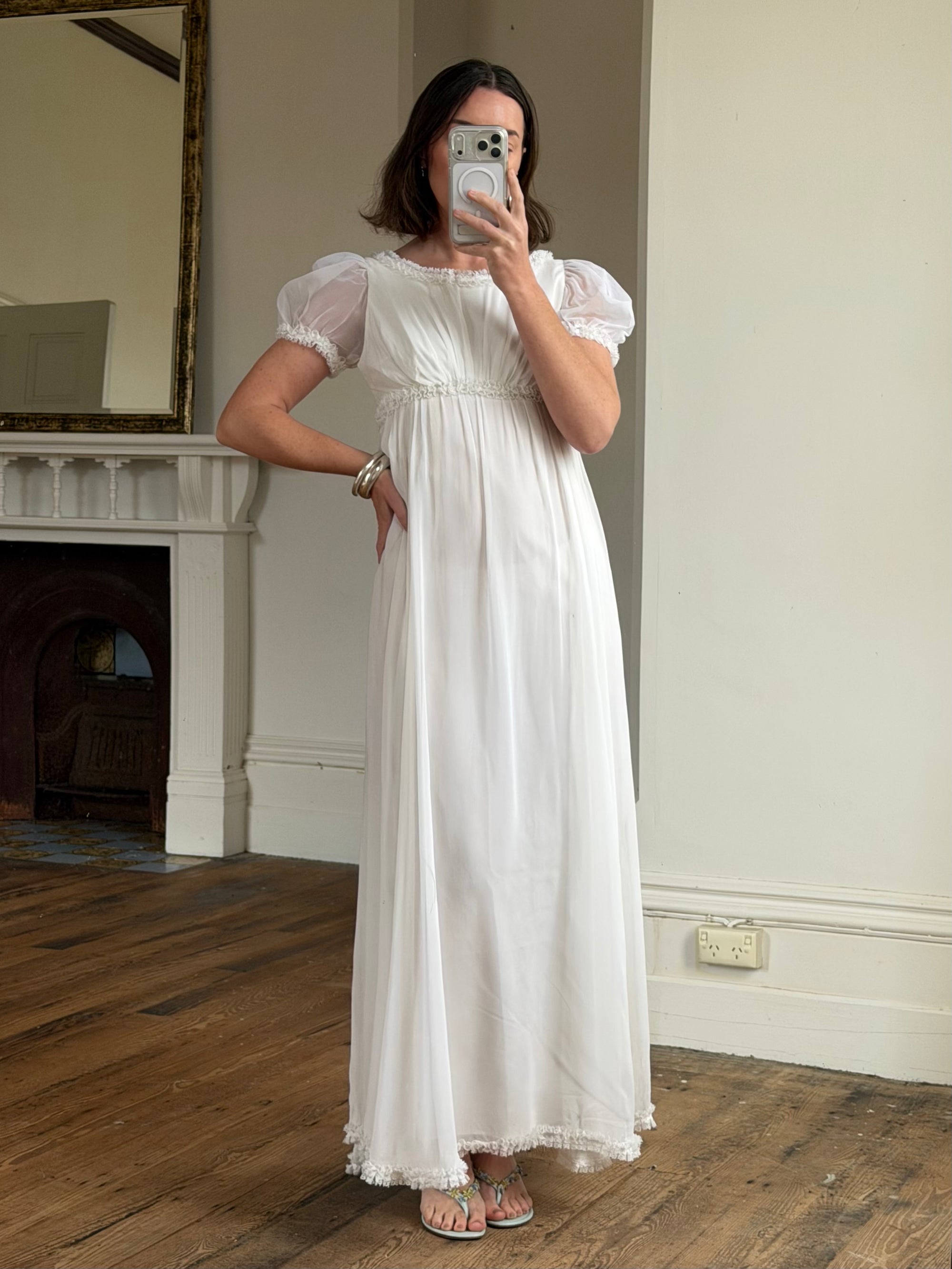 Vintage 70s White Chiffon Smocked Puff Sleeve Wedding Dress