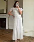 Vintage 70s White Chiffon Smocked Puff Sleeve Wedding Dress