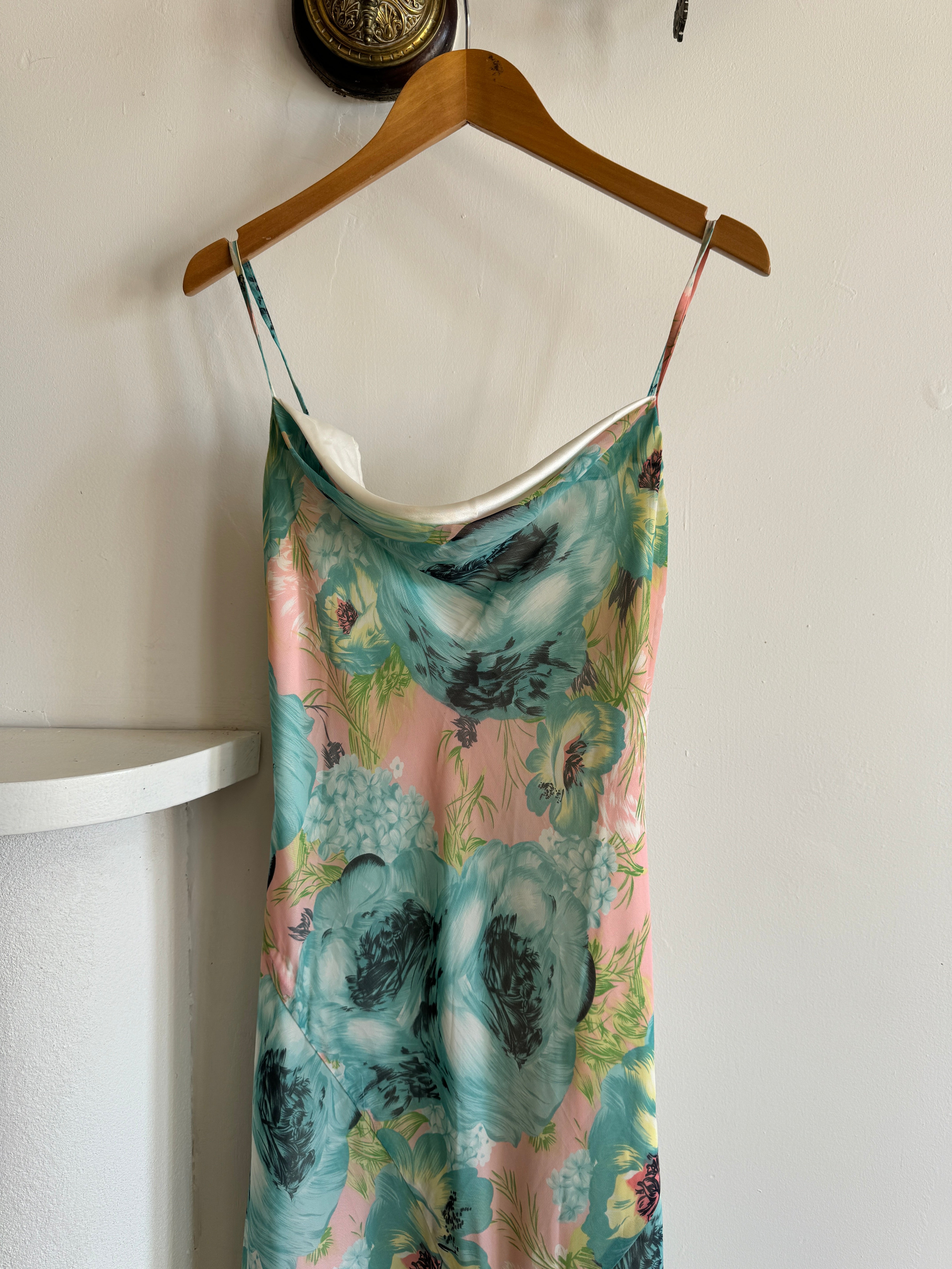 Vintage 90s Peach and Aqua Floral Bias Slip Dress