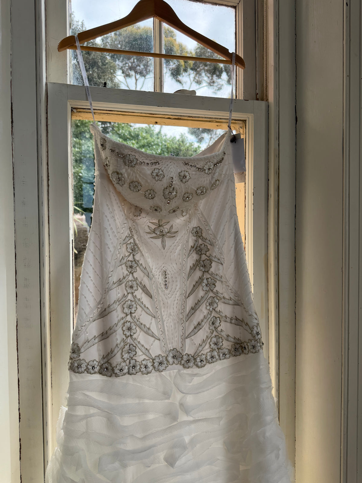 Vintage 90s Strapless Embellished Ruffled Wedding Gown