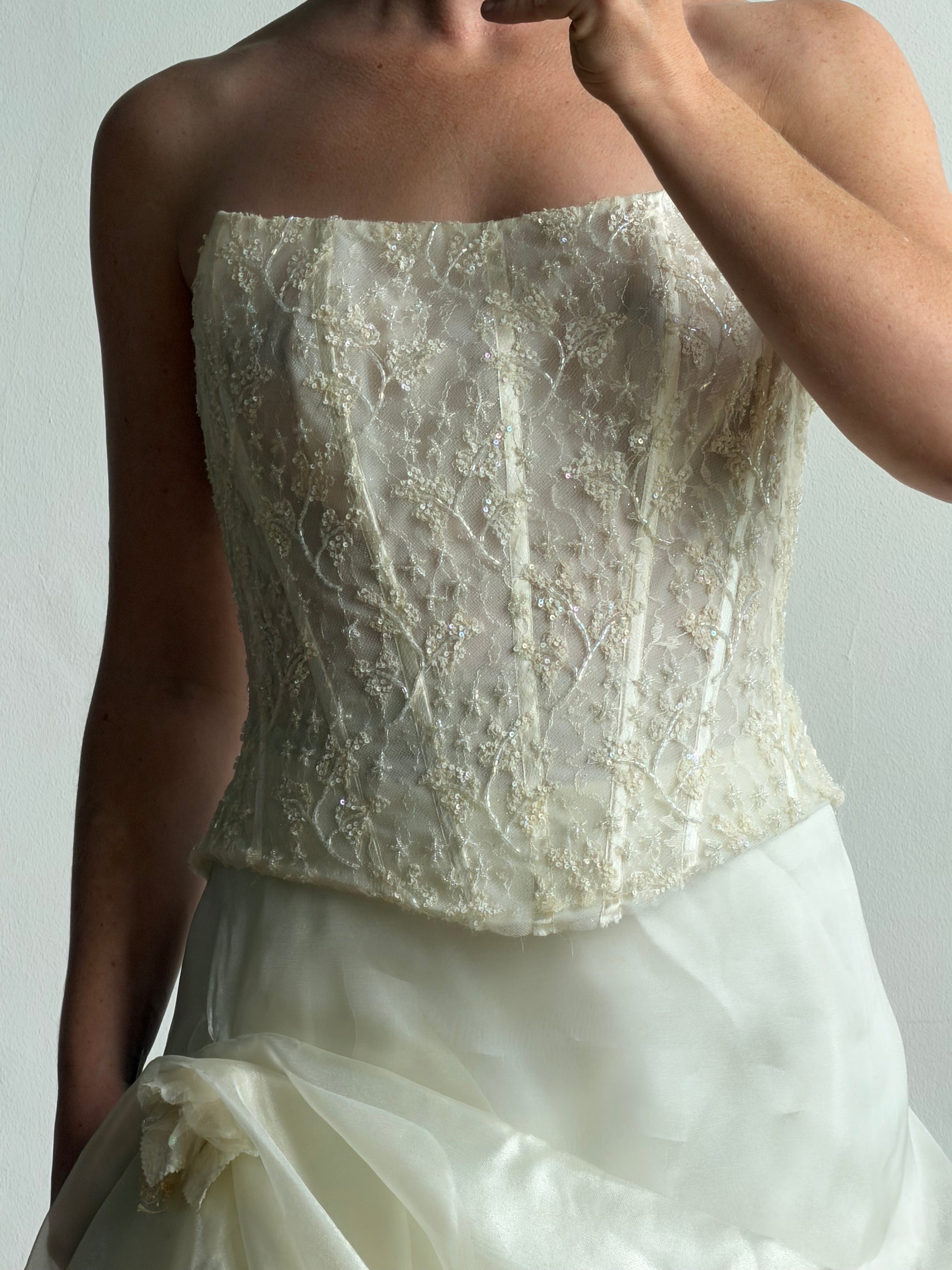 Vintage 90s Italian Sequin Bustier and Ruffle Skirt Bridal Set