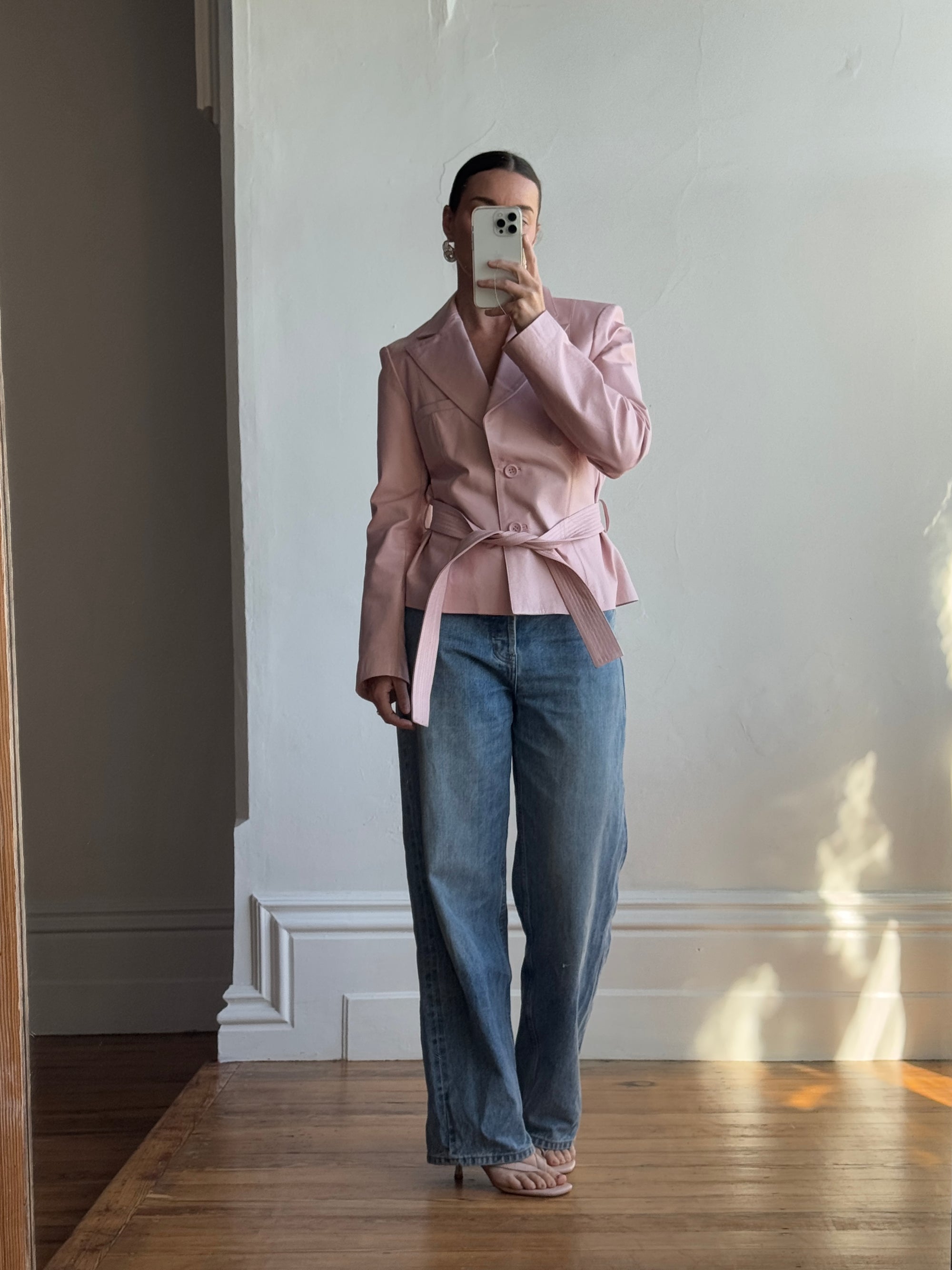 Vintage 90s Mini Trench Leather Jacket Baby Pink