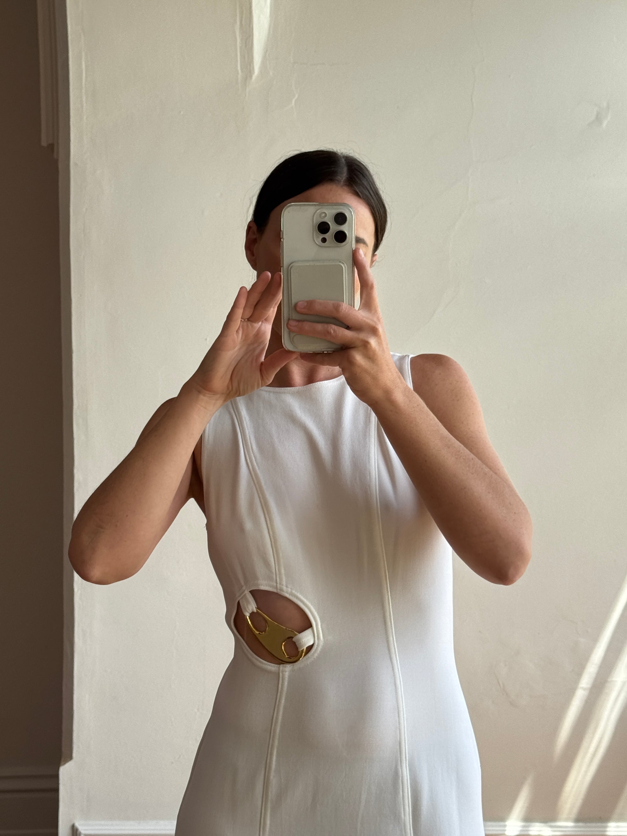 Vintage 90s Body Con Ivory Dress with Gold Hardware