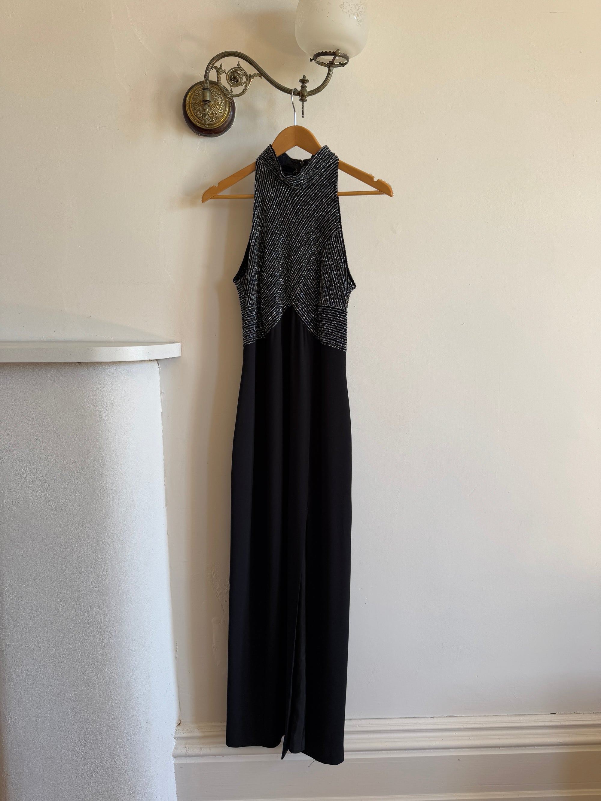 Vintage 70s High Neck Silver Lurex Evening Gown Noir