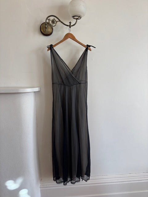 Vintage 60s Noir and Nude Chiffon V Slip Dress