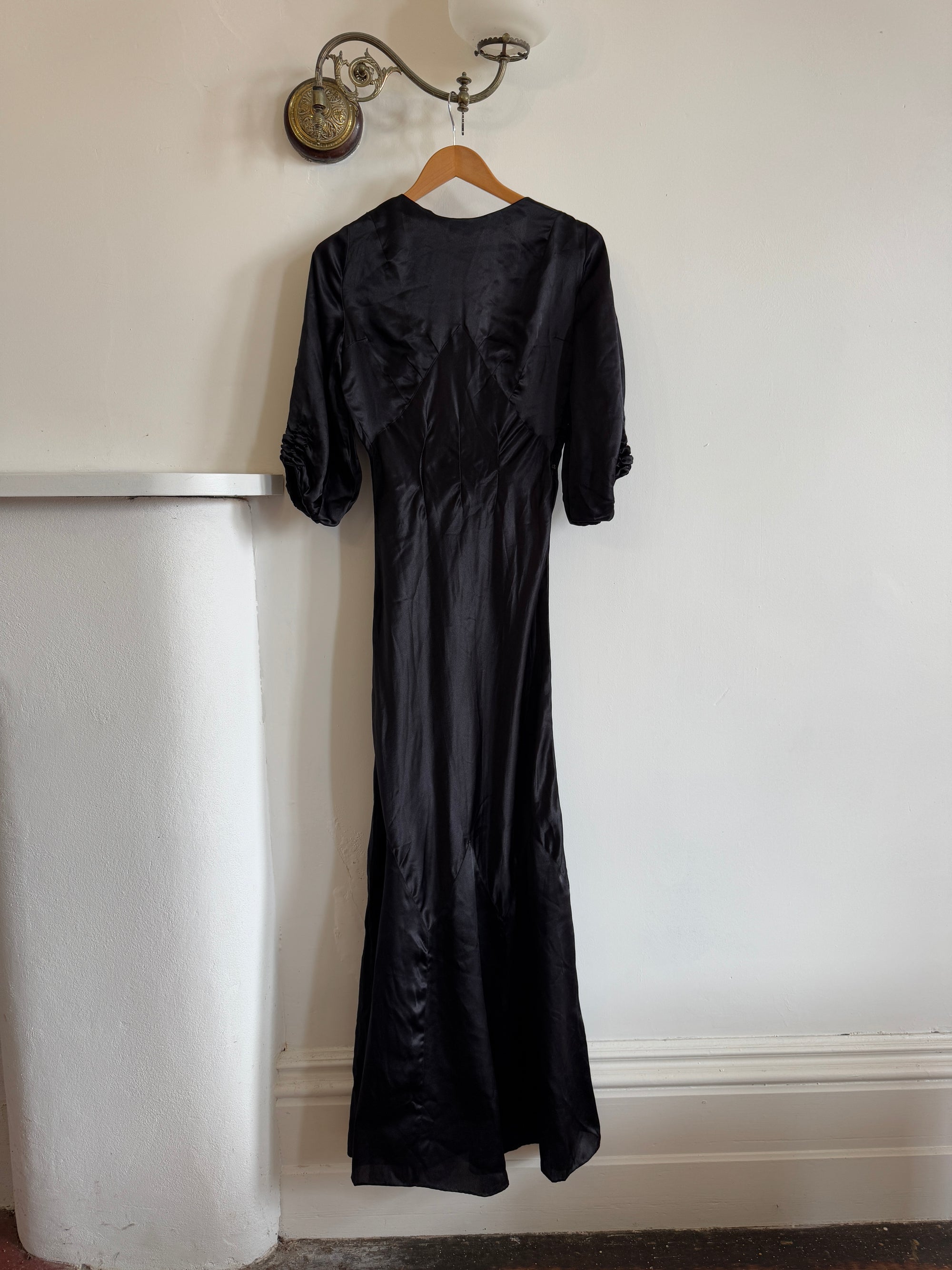Vintage 30s Black Satin Backless ZigZag Fishtail Dress