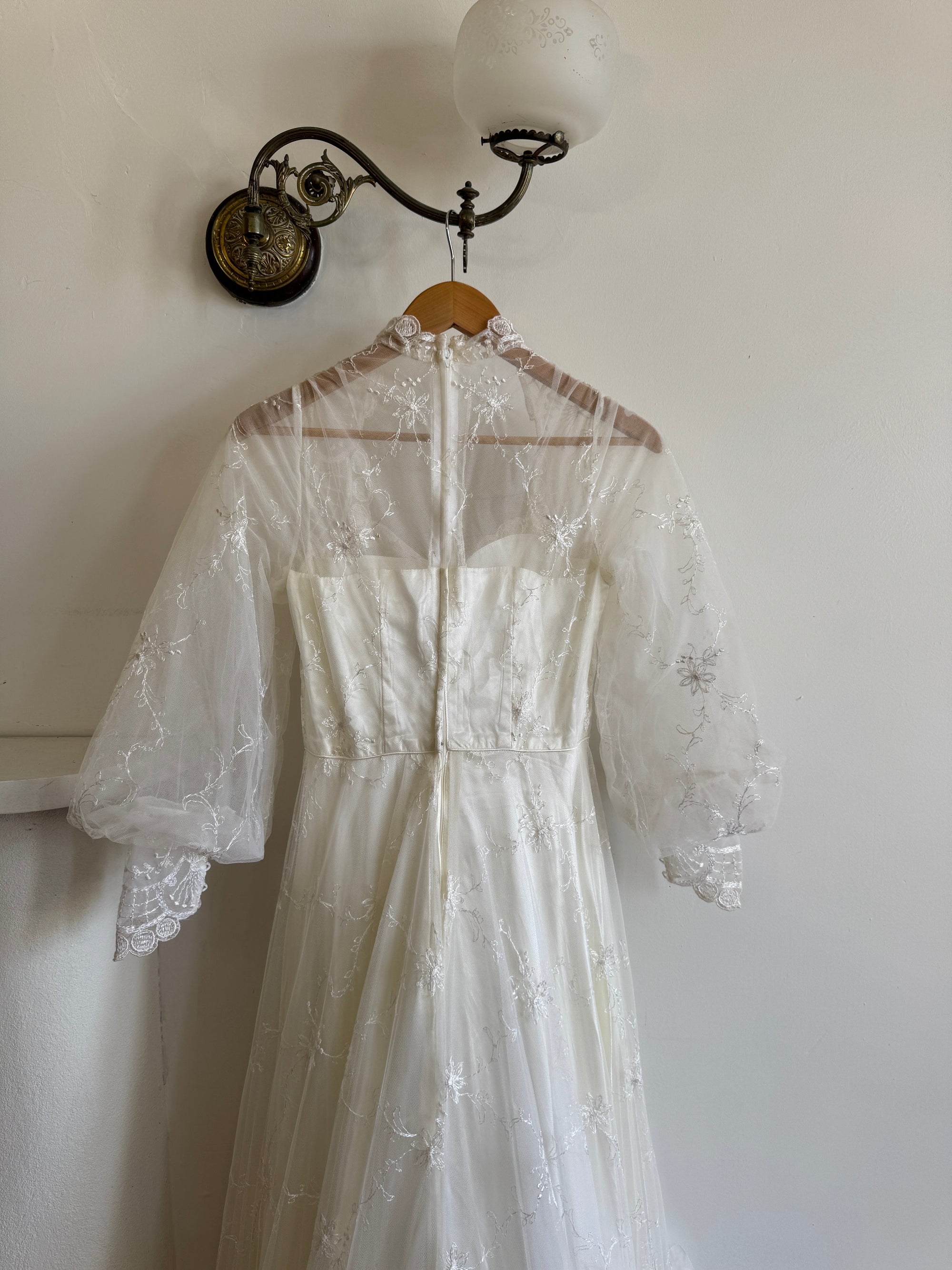 Vintage 70s Embroidered Prairie Long Sleeved Wedding Gown
