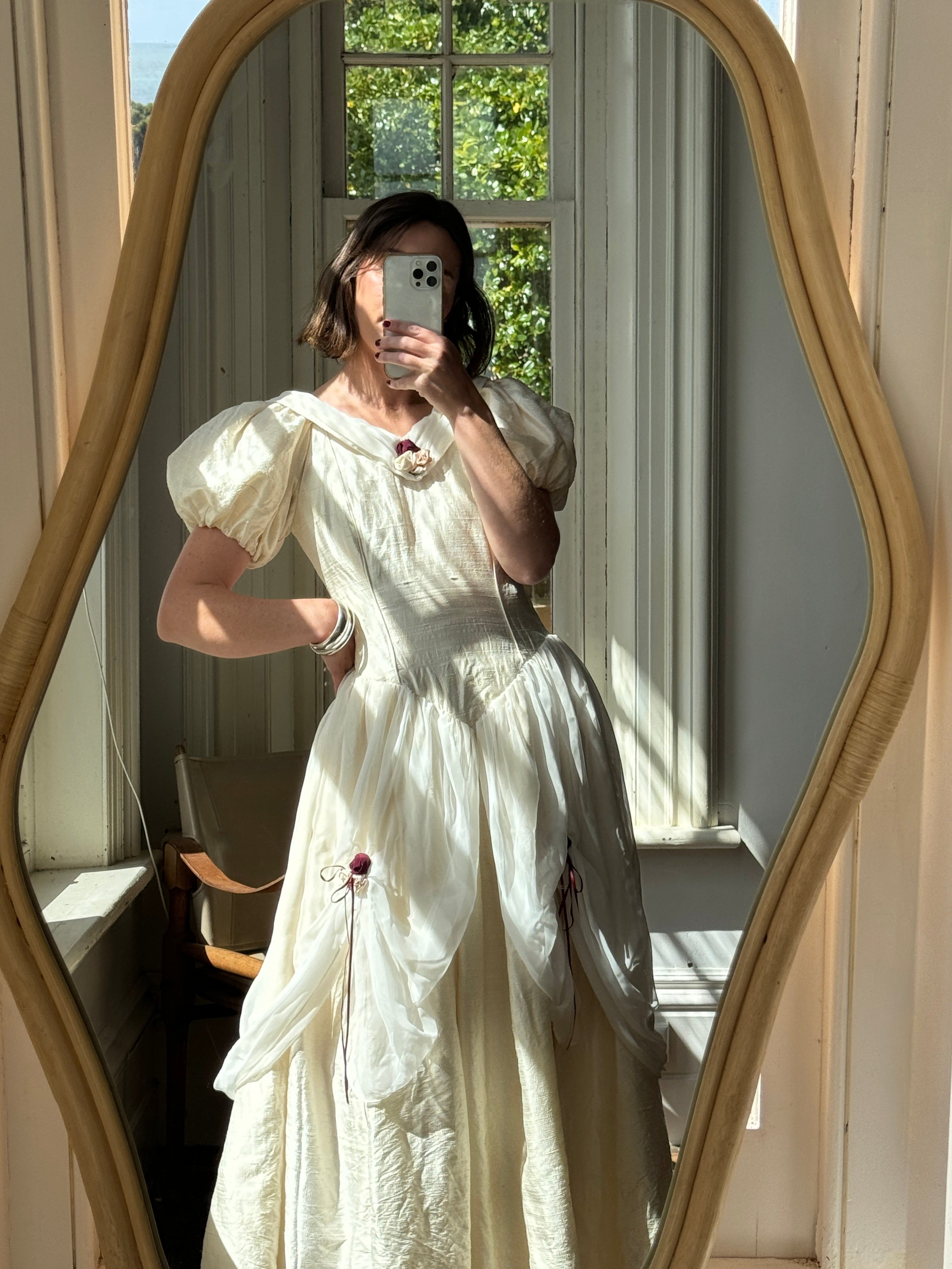 Vintage Silk Puff Sleeve Wedding Dress with Chiffon and Roses