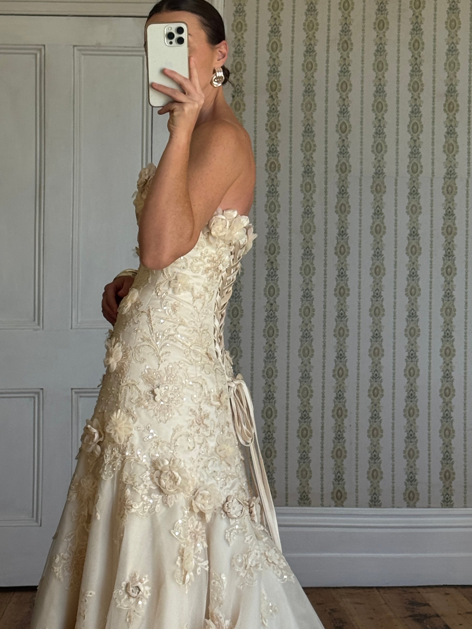Vintage 90s Haute Couture 3D Floral Strapless Wedding Gown