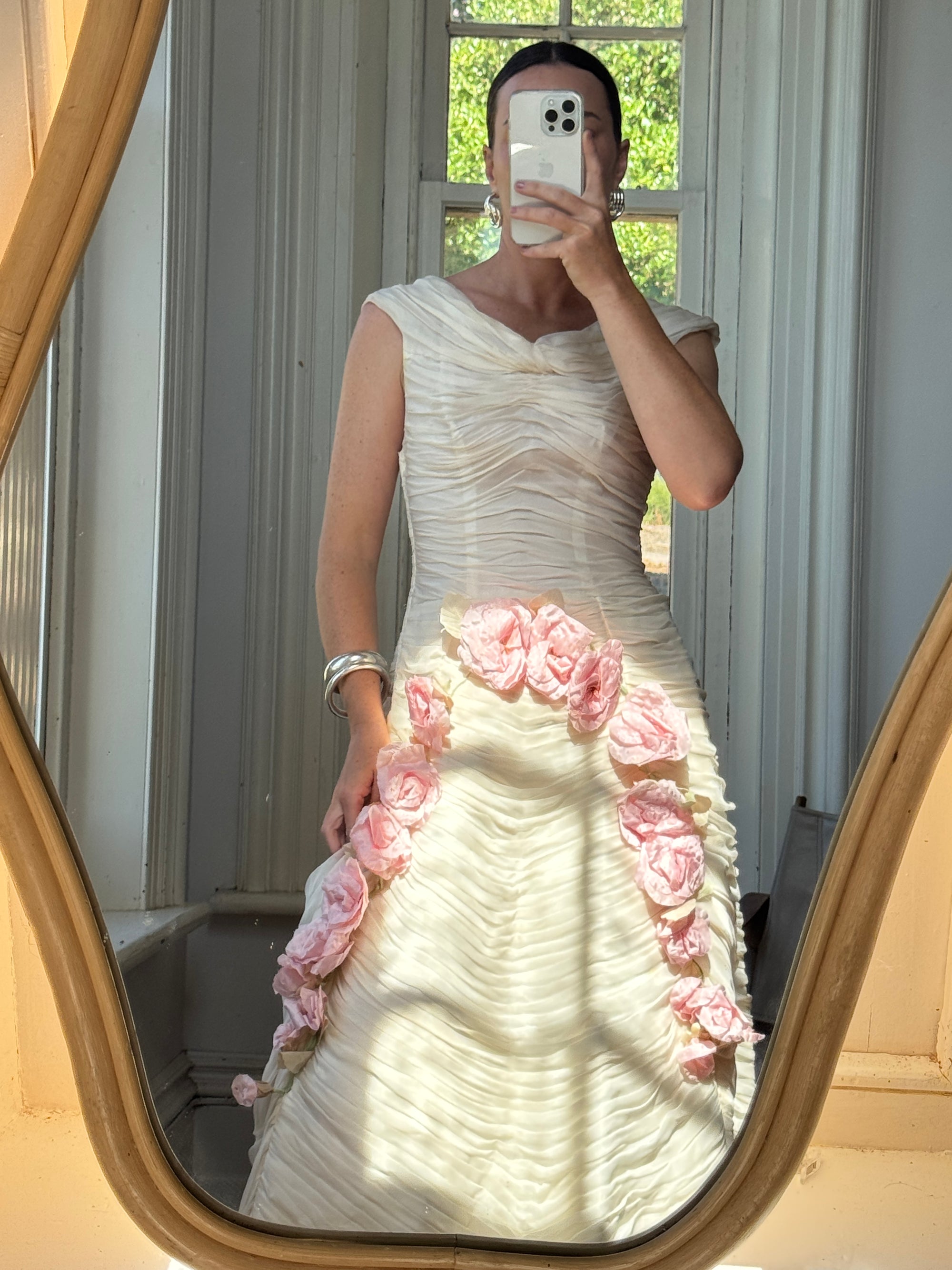 Vintage 60s Silk Pleated Wedding Gown with Pink Flowers