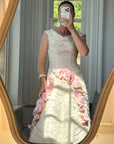 Vintage 60s Silk Pleated Wedding Gown with Pink Flowers