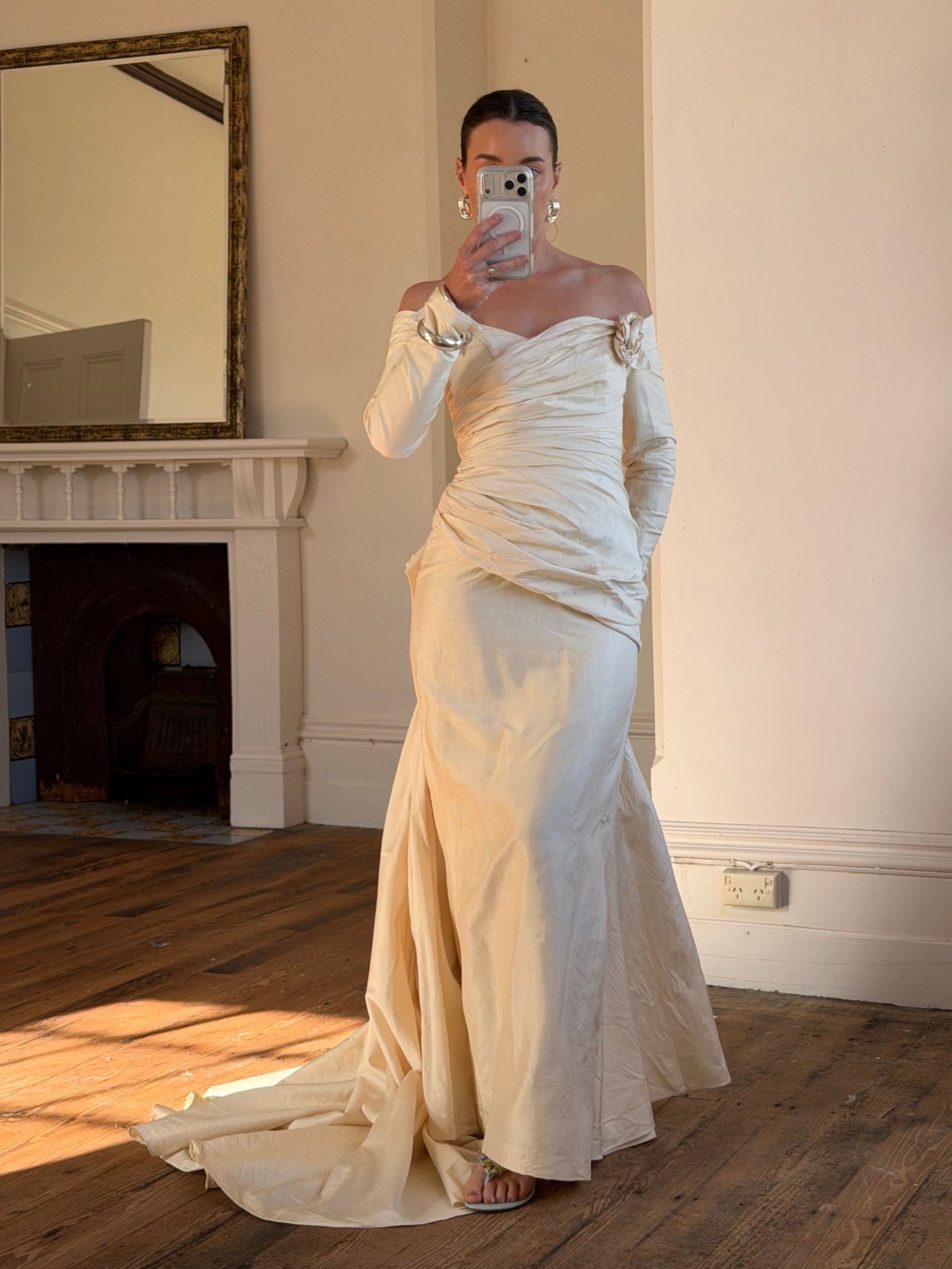 Vintage 90s Silk Rosette Off Shoulder Gown With Bow Train