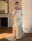 Vintage 90s Silk Rosette Off Shoulder Gown With Bow Train