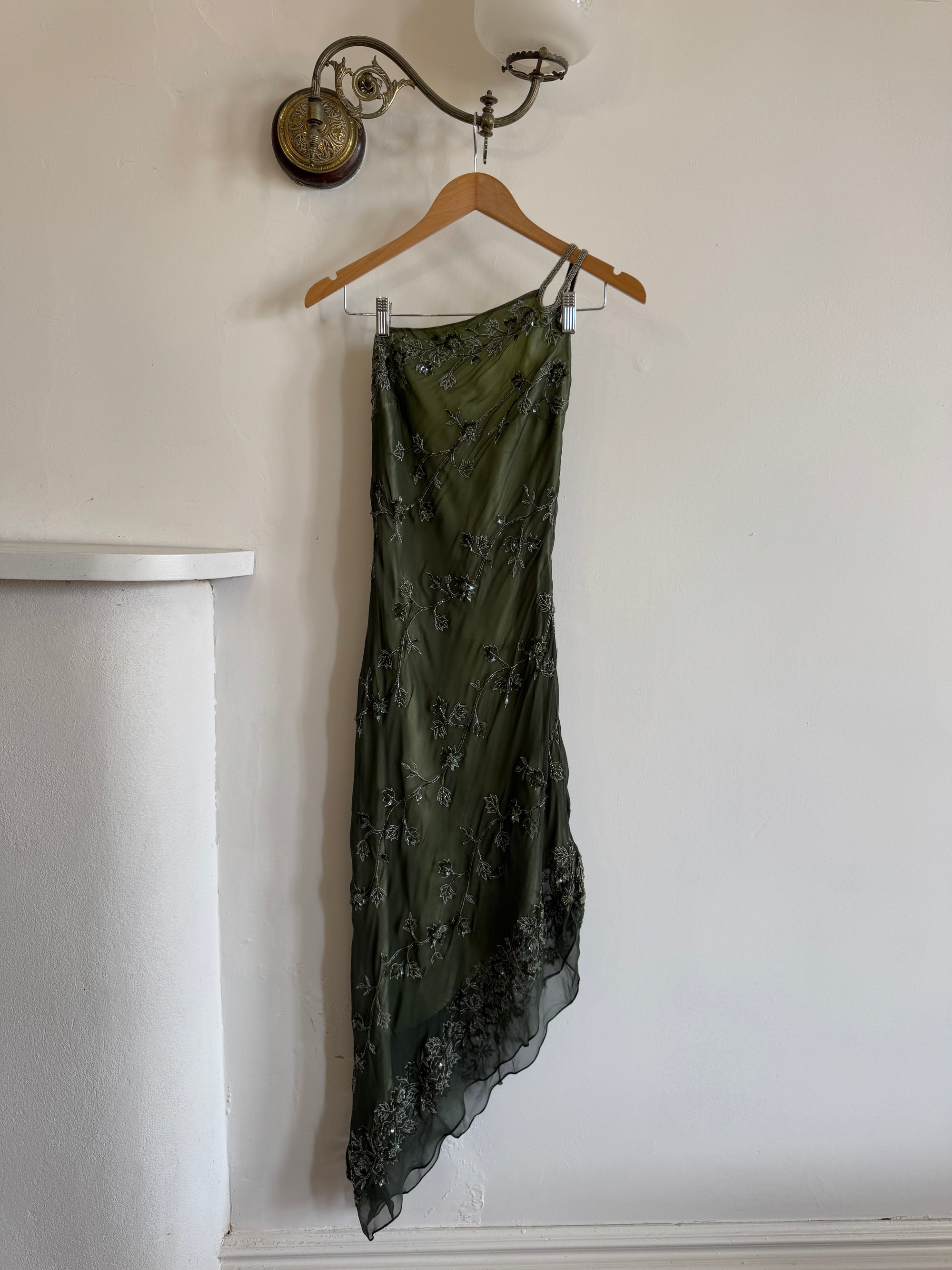 Vintage 90s Pure Silk Embellished Asymmetrical Midi Dress Olive
