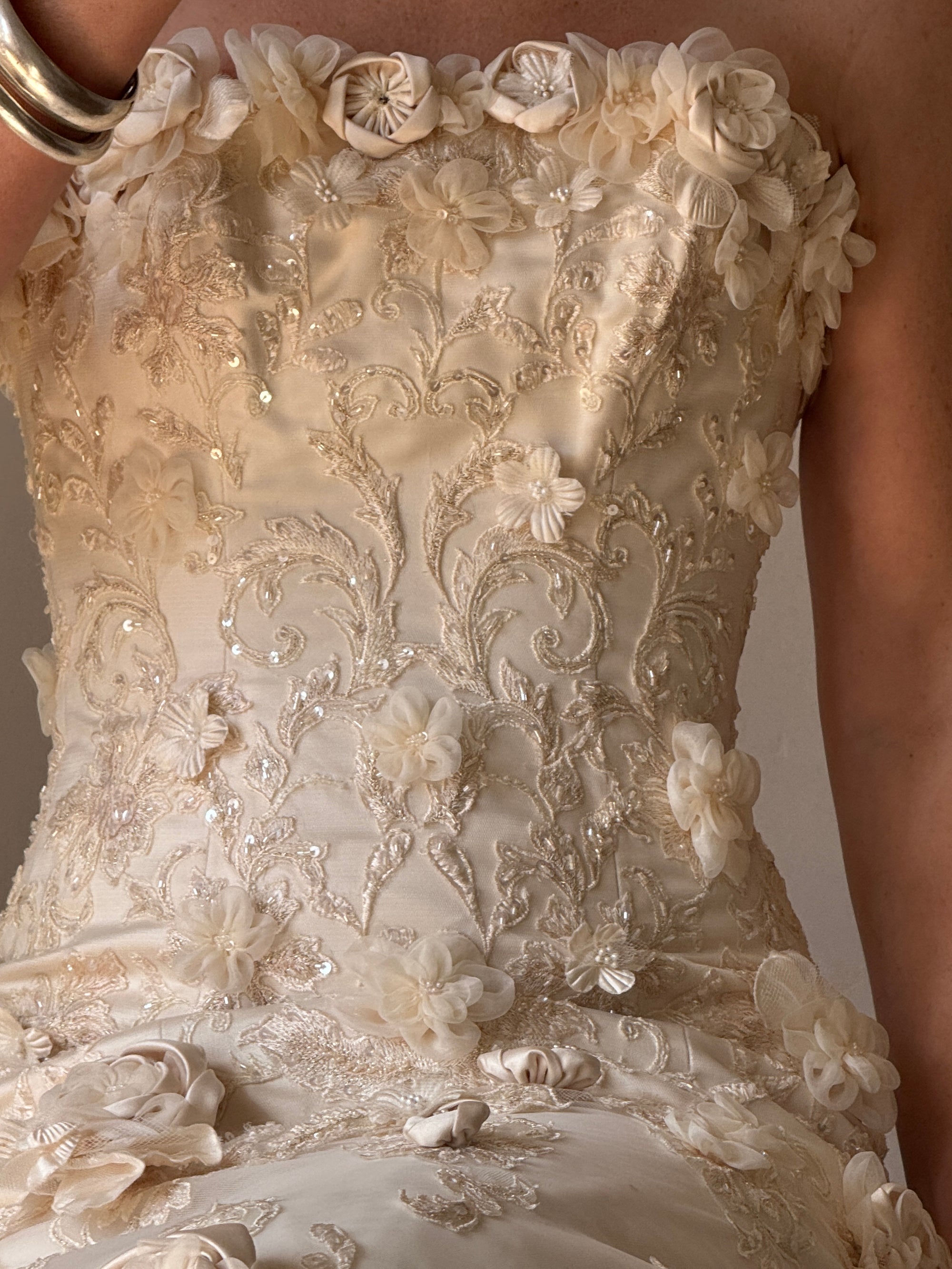 Vintage 90s Haute Couture 3D Floral Strapless Wedding Gown