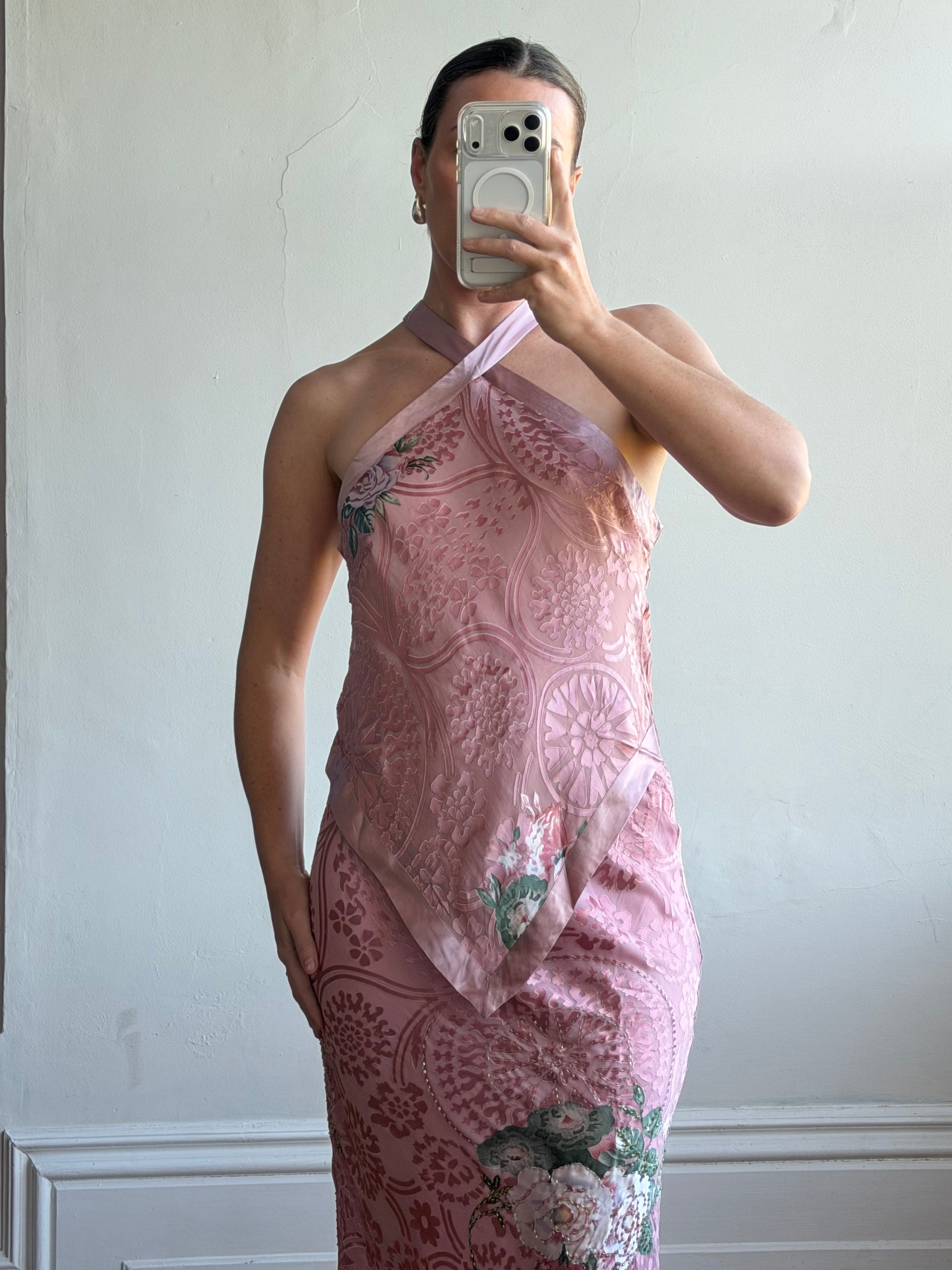 Vintage 90s Dusty Rose Floral Silk Halter Scarf Top and Skirt Set